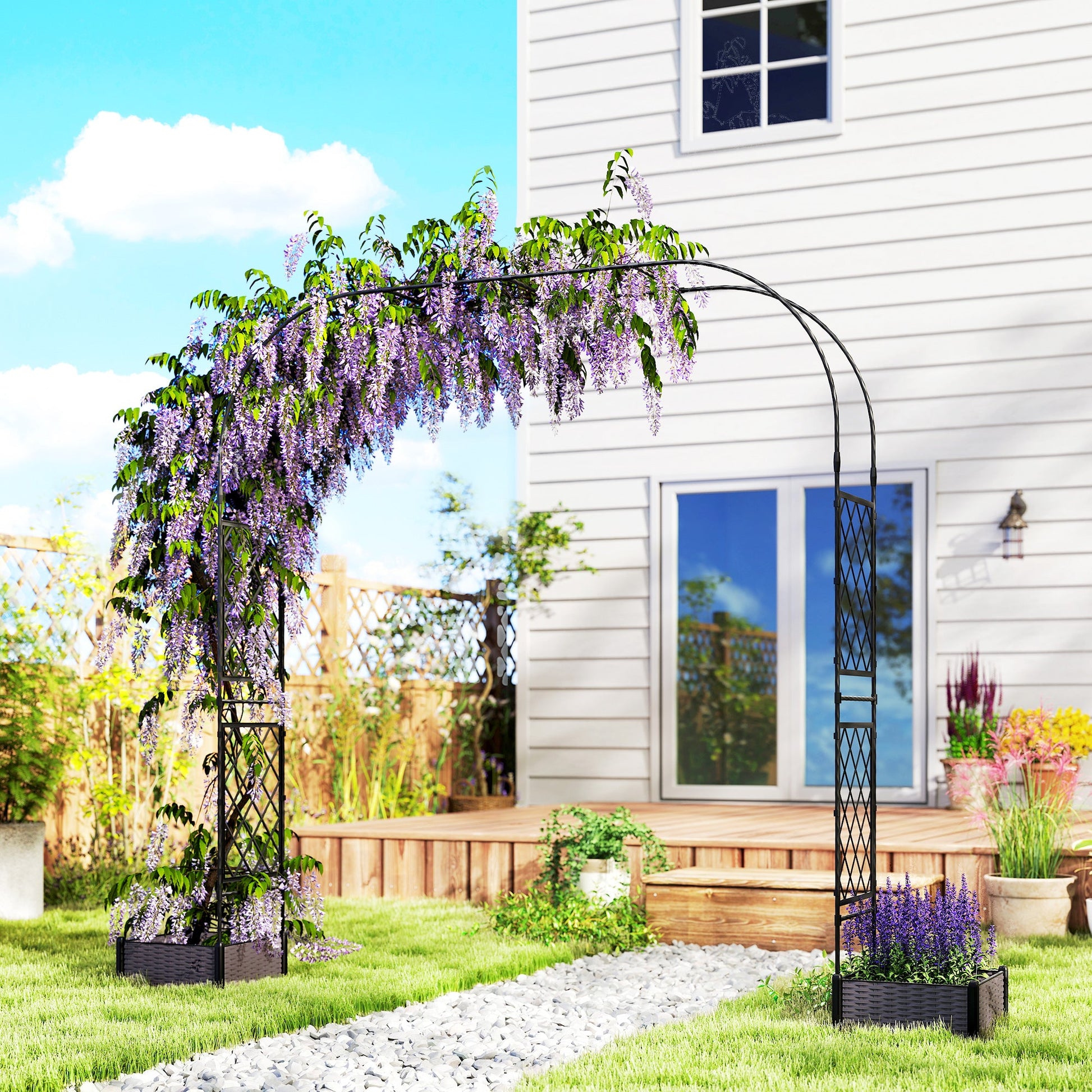 7.2ft Garden Arch with 2 Planter Boxes, PE-Coated Steel Outdoor Trellis Arbor for Climbing Plants, Wedding Arch for Party Outdoor Garden Backyard, Black