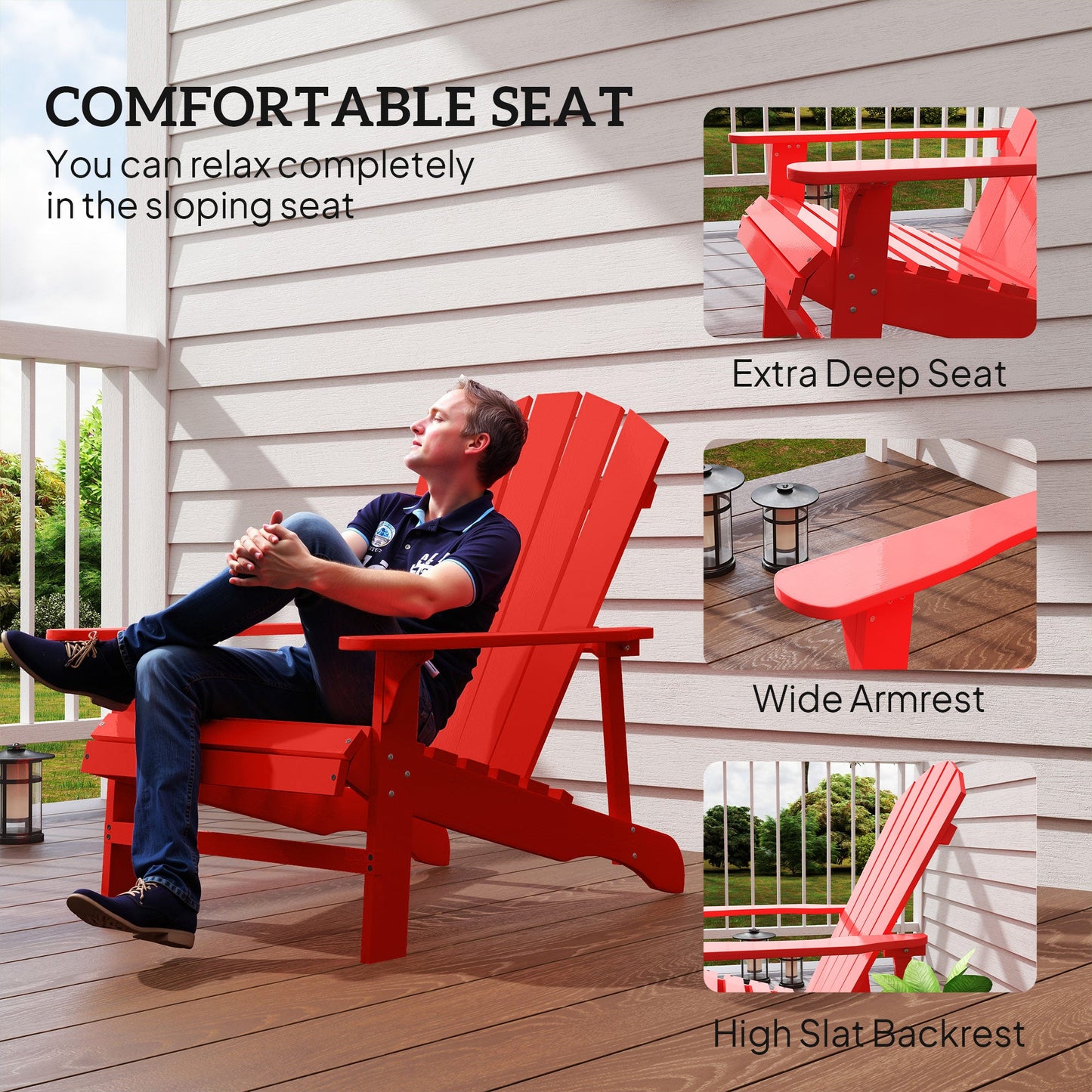 Wood Adirondack Chair, Outdoor Patio Muskoka Chair with Slatted Design for Deck, Garden, Backyard, Fire Pit, Red