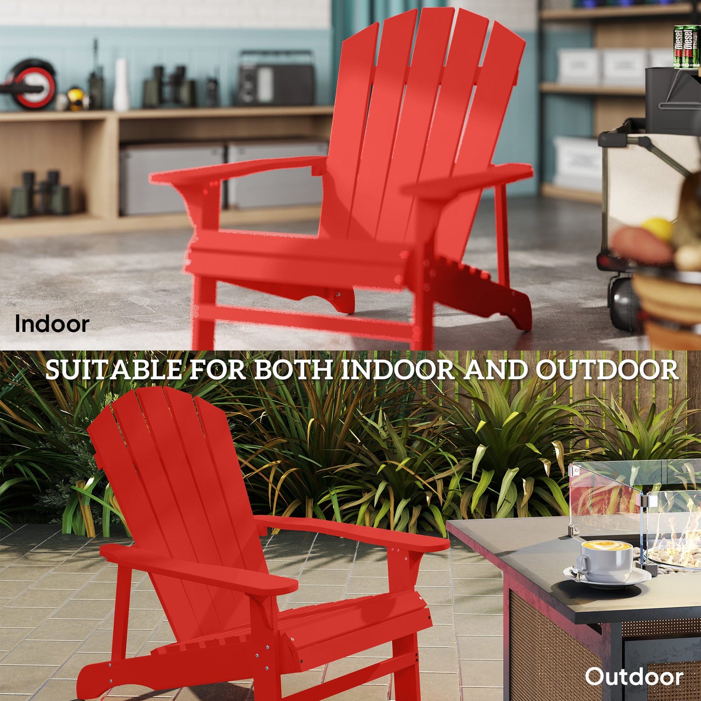 Wood Adirondack Chair, Outdoor Patio Muskoka Chair with Slatted Design for Deck, Garden, Backyard, Fire Pit, Red