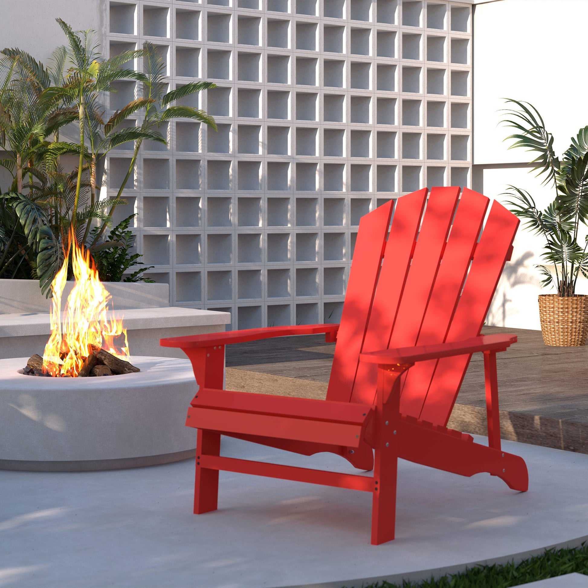 Wood Adirondack Chair, Outdoor Patio Muskoka Chair with Slatted Design for Deck, Garden, Backyard, Fire Pit, Red