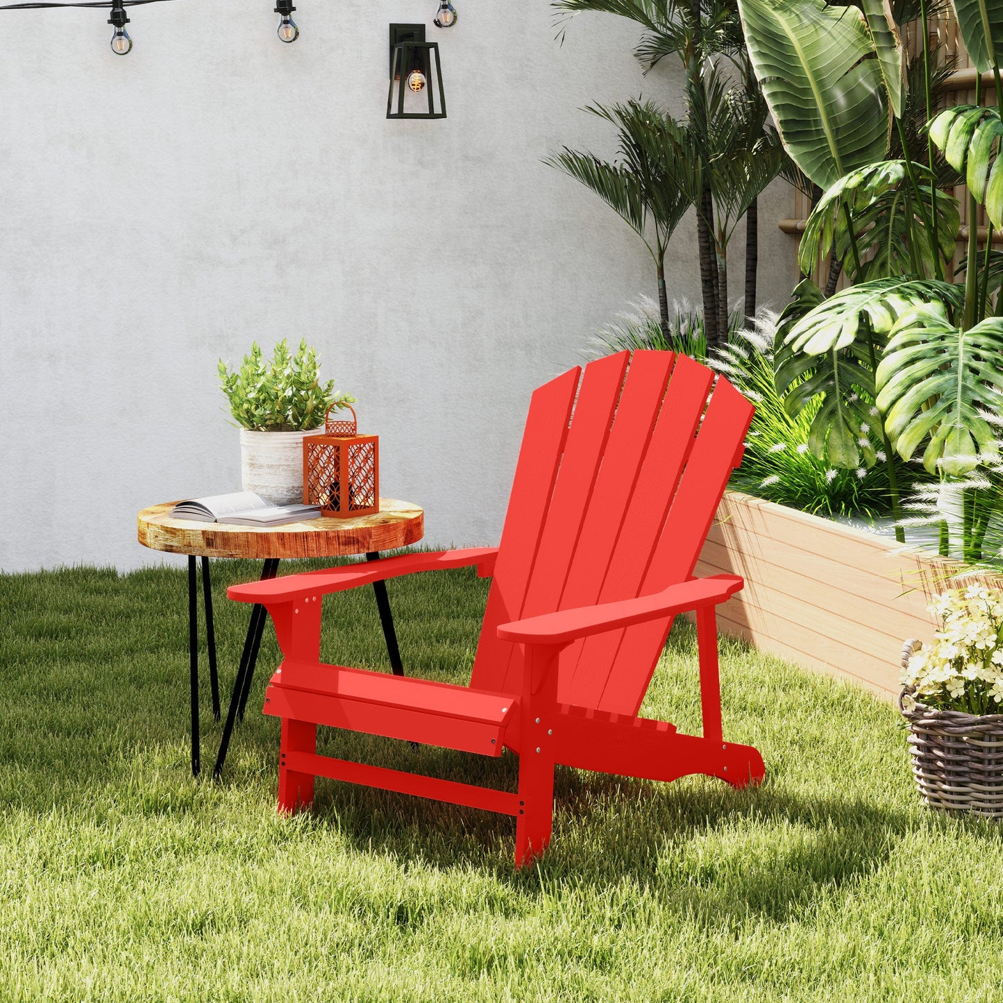 Wood Adirondack Chair, Outdoor Patio Muskoka Chair with Slatted Design for Deck, Garden, Backyard, Fire Pit, Red