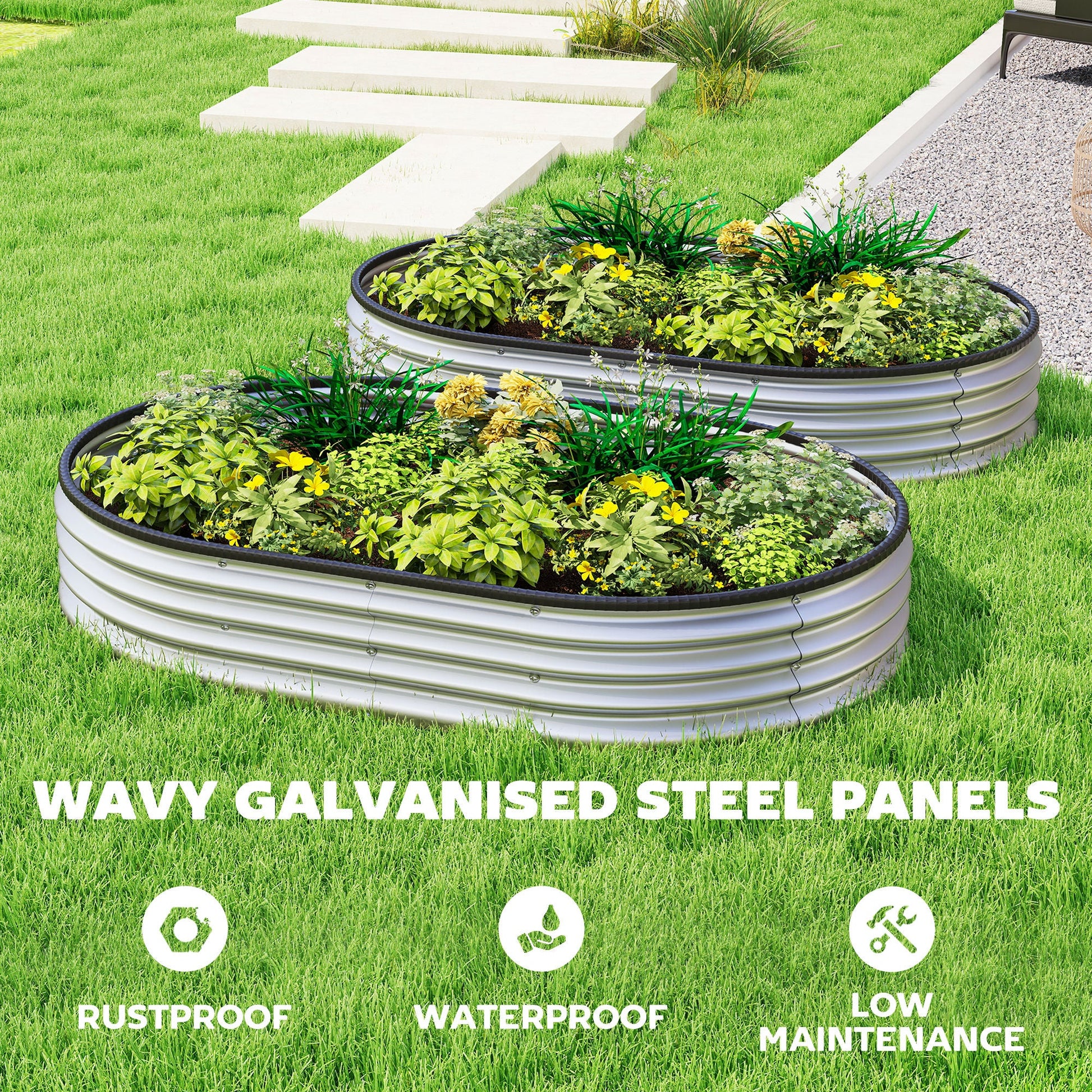 2Pcs Galvanized Raised Garden Bed, 5 x 3 x 1 ft Modular Metal Garden Beds with Rubber Strip Edging, Oval Outdoor Planter Box for Vegetables, Flowers, Herbs, Silver