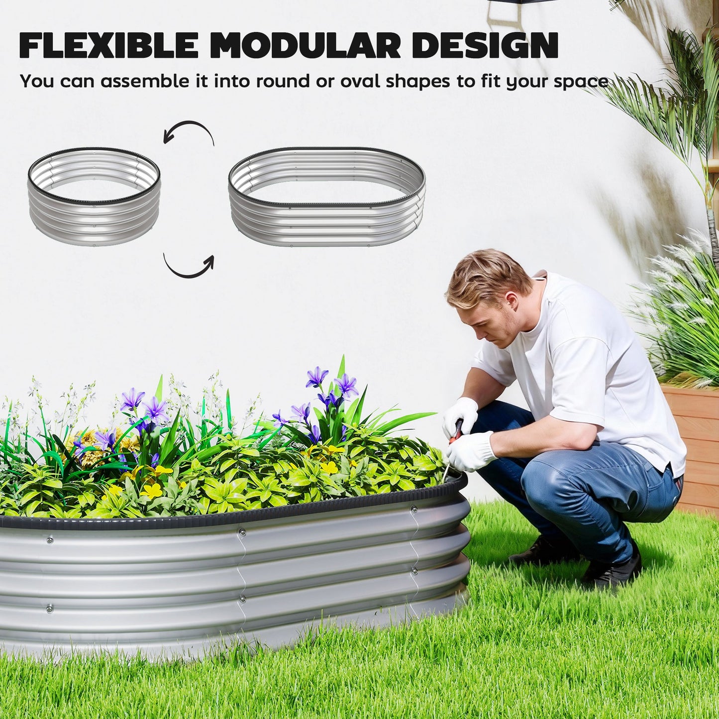2Pcs Galvanized Raised Garden Bed, 5 x 3 x 1 ft Modular Metal Garden Beds with Rubber Strip Edging, Oval Outdoor Planter Box for Vegetables, Flowers, Herbs, Silver