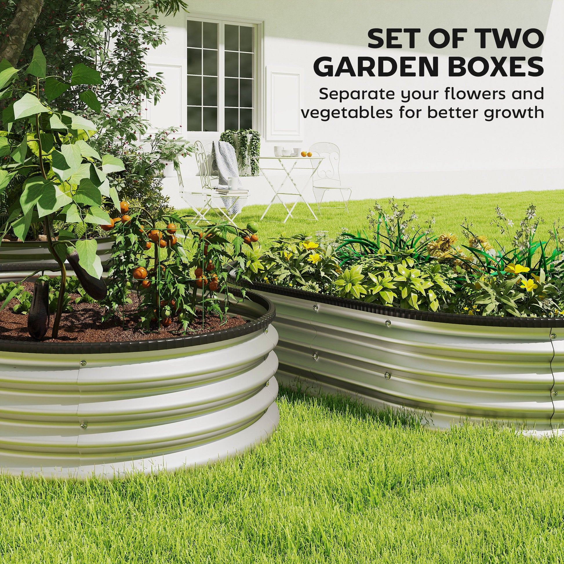 2Pcs Galvanized Raised Garden Bed, 5 x 3 x 1 ft Modular Metal Garden Beds with Rubber Strip Edging, Oval Outdoor Planter Box for Vegetables, Flowers, Herbs, Silver
