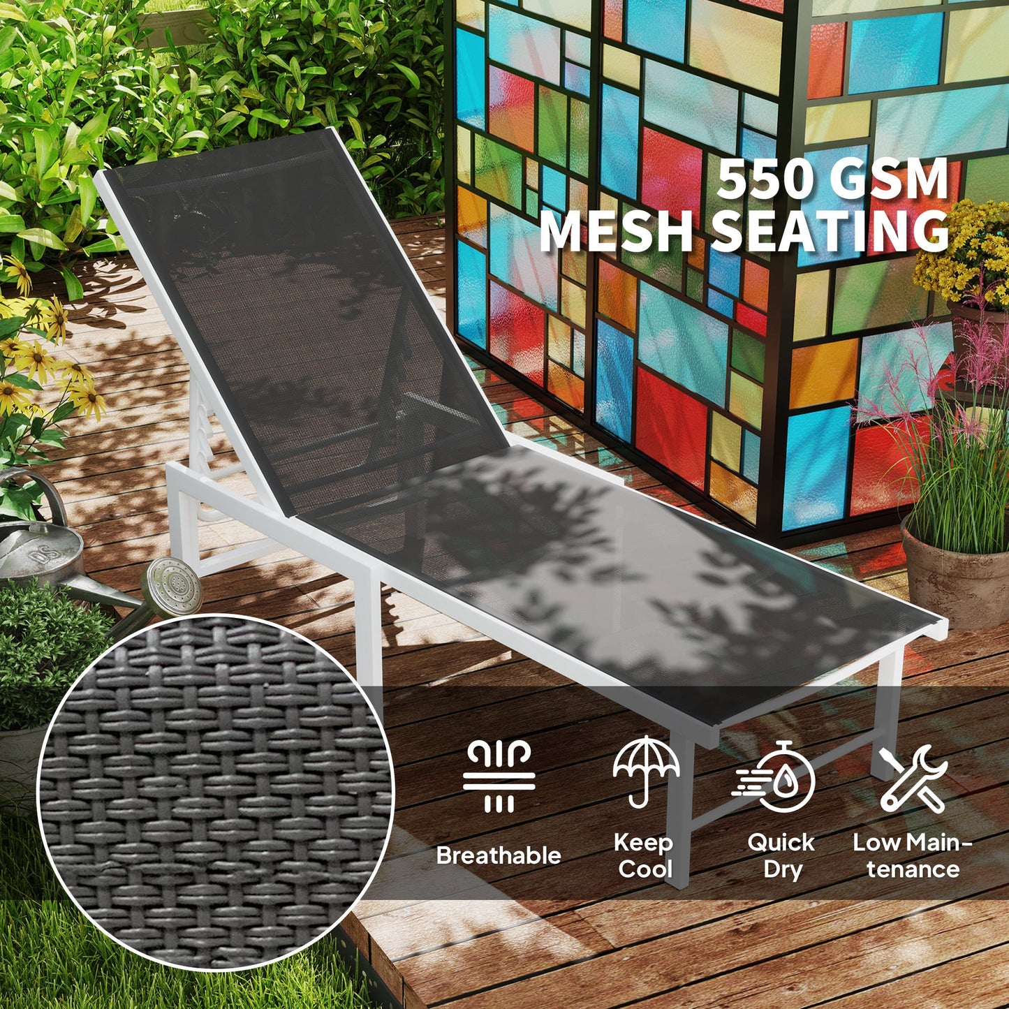Outdoor Lounge Chair, 5-Level Adjustable Outdoor Chaise Lounge Chair, Breathable Mesh Patio Sun Tanning Chair with Steel Frame for Backyard, Beach, Poolside, Grey