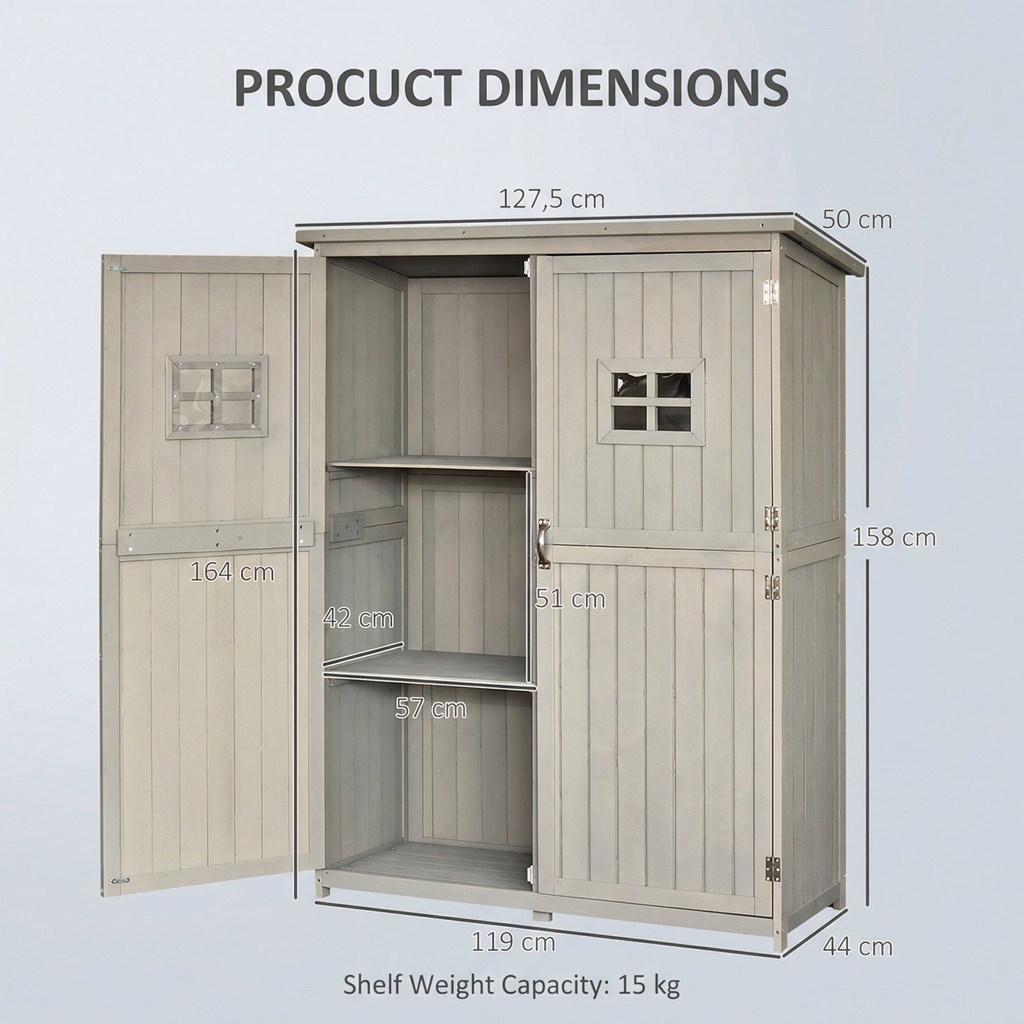 Wooden storage cabinet with dimensions labeled on a light gray background