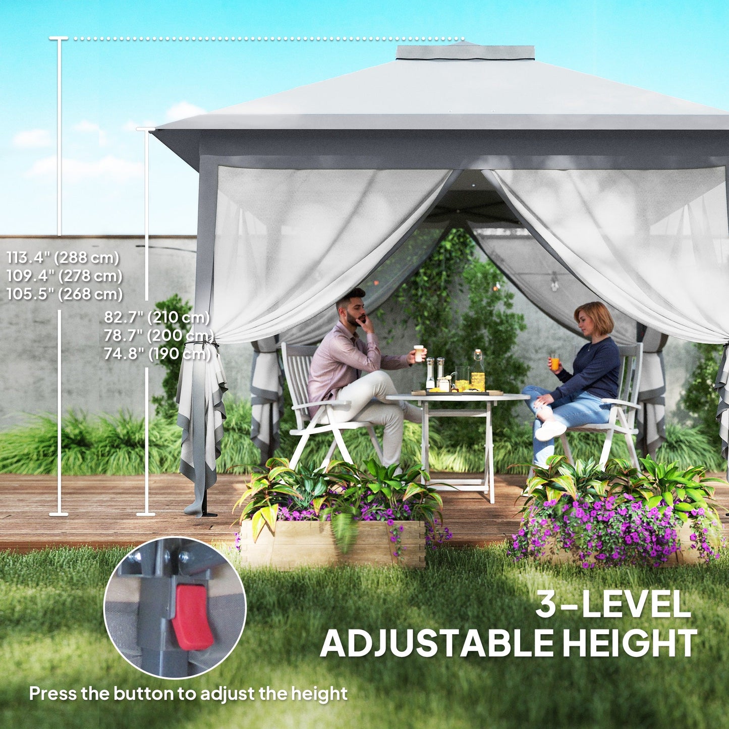 11' x 11' Pop Up Canopy, Double Roof Foldable Canopy Tent with Zipper Mesh Sidewalls, Height Adjustable and Carrying Bag, Event Tent for Patio Garden Backyard, Light Grey