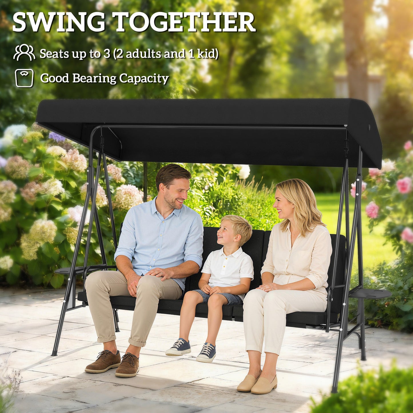 3-Seat Patio Swing Chair, Outdoor Porch Swing Glider with Adjustable Canopy, Side Tray, Removable Cushion, Steel Frame, Breathable Mesh Seat for Garden, Poolside, Black