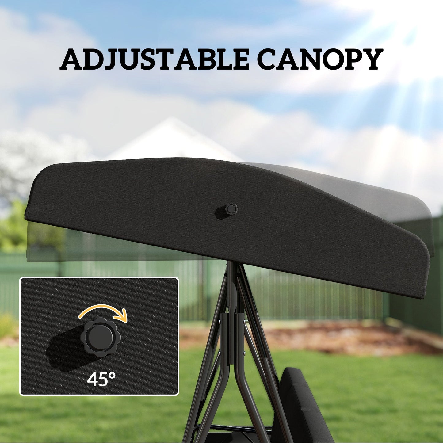 3-Seat Patio Swing Chair, Outdoor Porch Swing Glider with Adjustable Canopy, Side Tray, Removable Cushion, Steel Frame, Breathable Mesh Seat for Garden, Poolside, Black