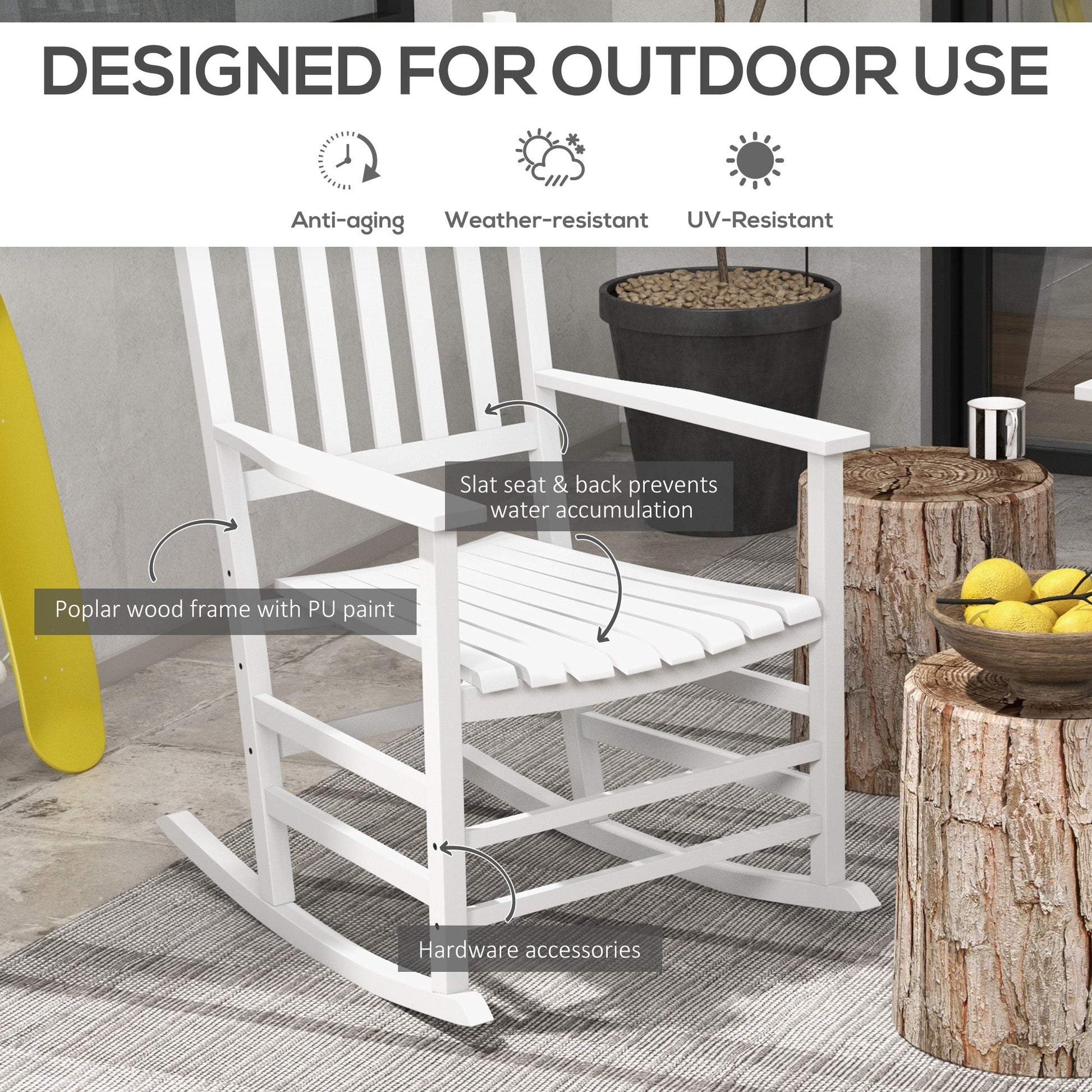 3 Pieces Outdoor Rocking Chair Set, Wooden Patio Rocking Chair Set with Folding Side Table, High Back and Armrests for Garden, Porch, Supports Up to 353 lbs, White