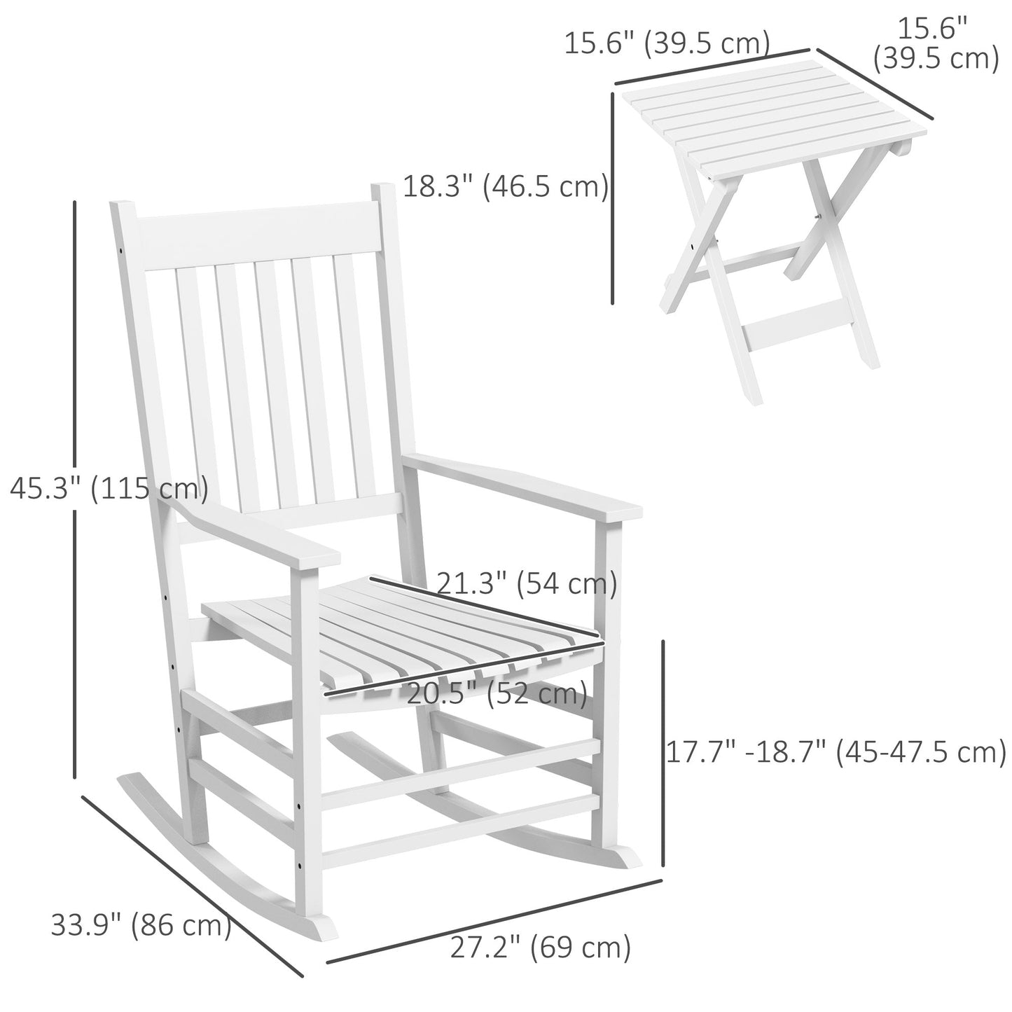 3 Pieces Outdoor Rocking Chair Set, Wooden Patio Rocking Chair Set with Folding Side Table, High Back and Armrests for Garden, Porch, Supports Up to 353 lbs, White