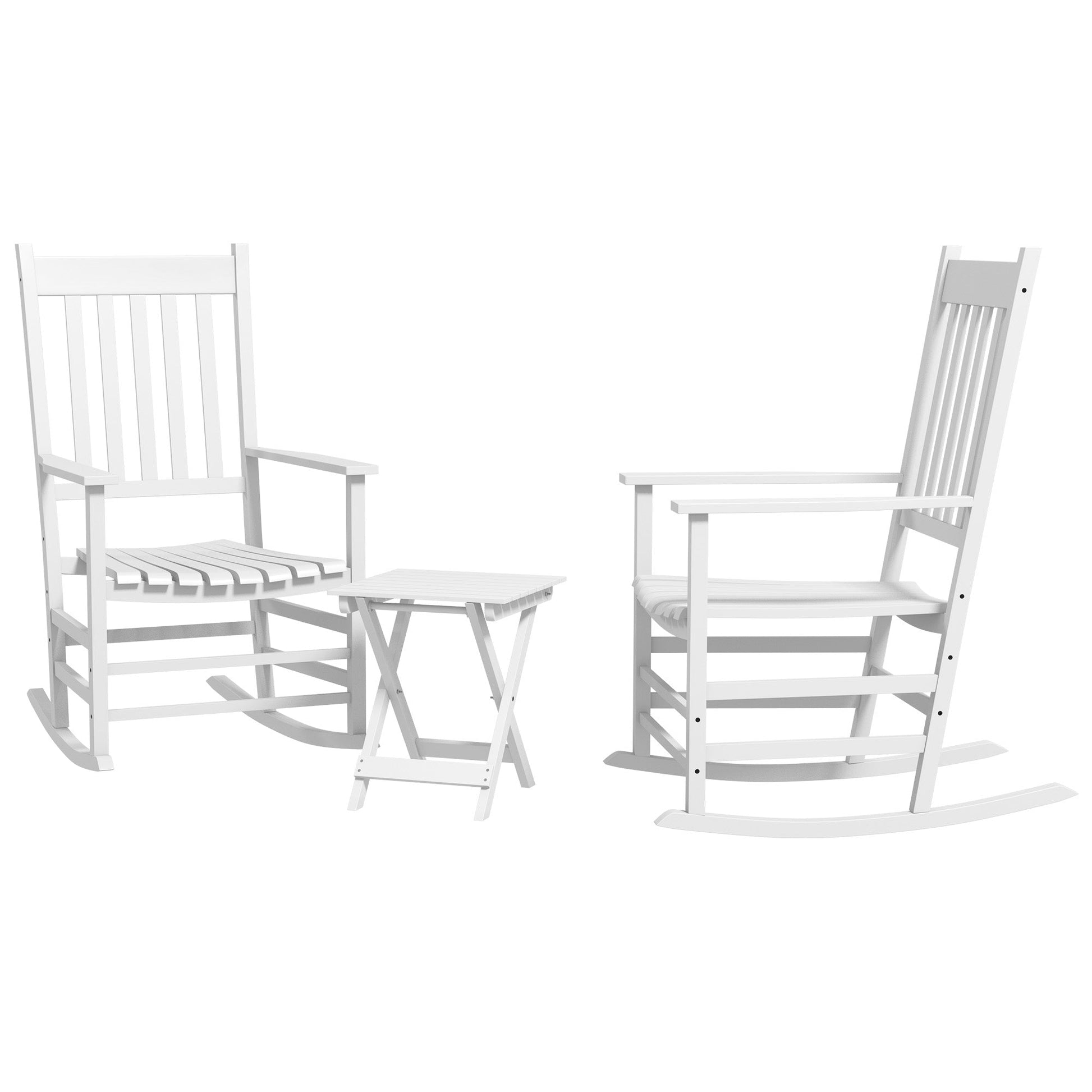 3 Pieces Outdoor Rocking Chair Set, Wooden Patio Rocking Chair Set with Folding Side Table, High Back and Armrests for Garden, Porch, Supports Up to 353 lbs, White