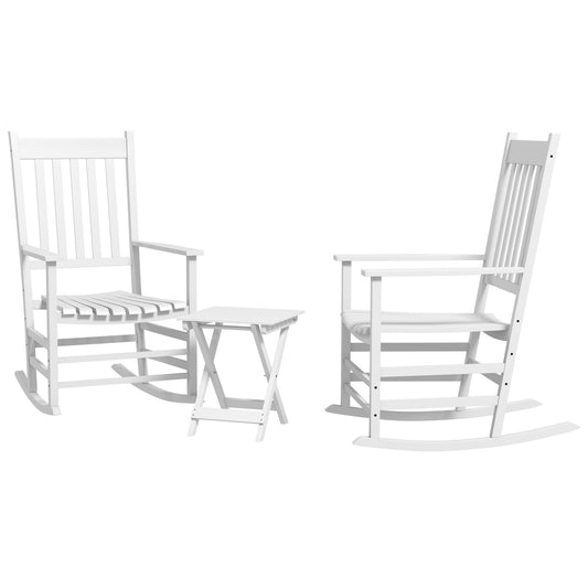 3 Pieces Outdoor Rocking Chair Set, Wooden Patio Rocking Chair Set with Folding Side Table, High Back and Armrests for Garden, Porch, Supports Up to 353 lbs, White