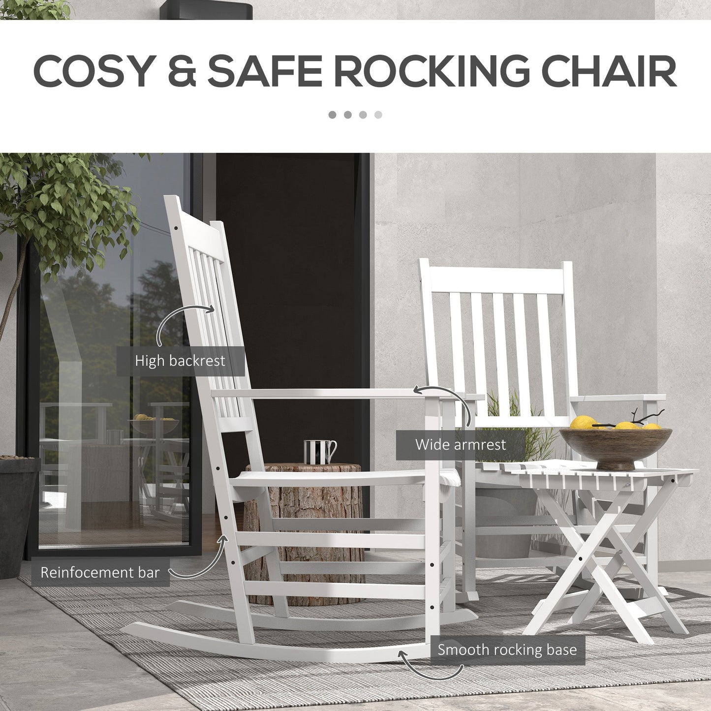 3 Pieces Outdoor Rocking Chair Set, Wooden Patio Rocking Chair Set with Folding Side Table, High Back and Armrests for Garden, Porch, Supports Up to 353 lbs, White