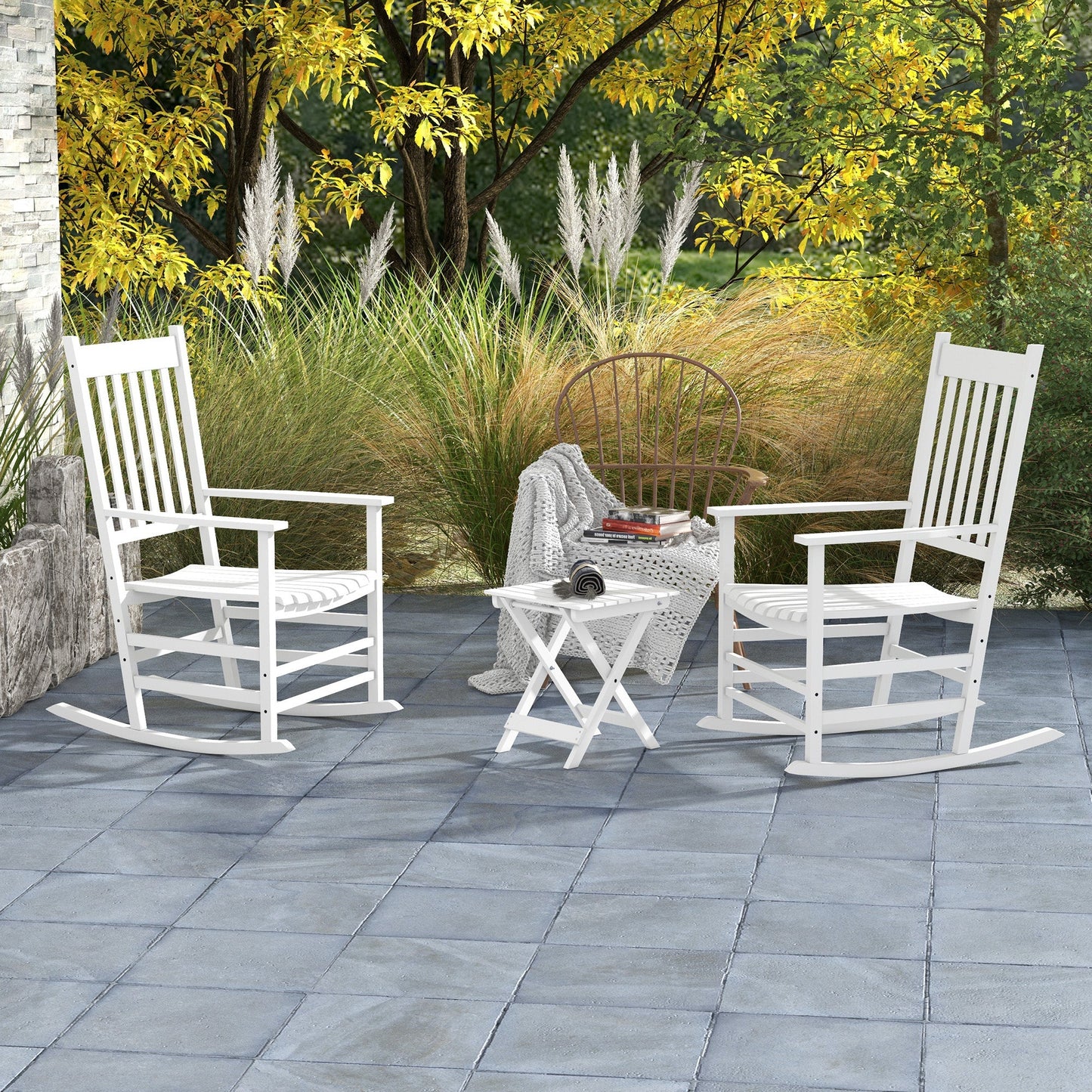 3 Pieces Outdoor Rocking Chair Set, Wooden Patio Rocking Chair Set with Folding Side Table, High Back and Armrests for Garden, Porch, Supports Up to 353 lbs, White