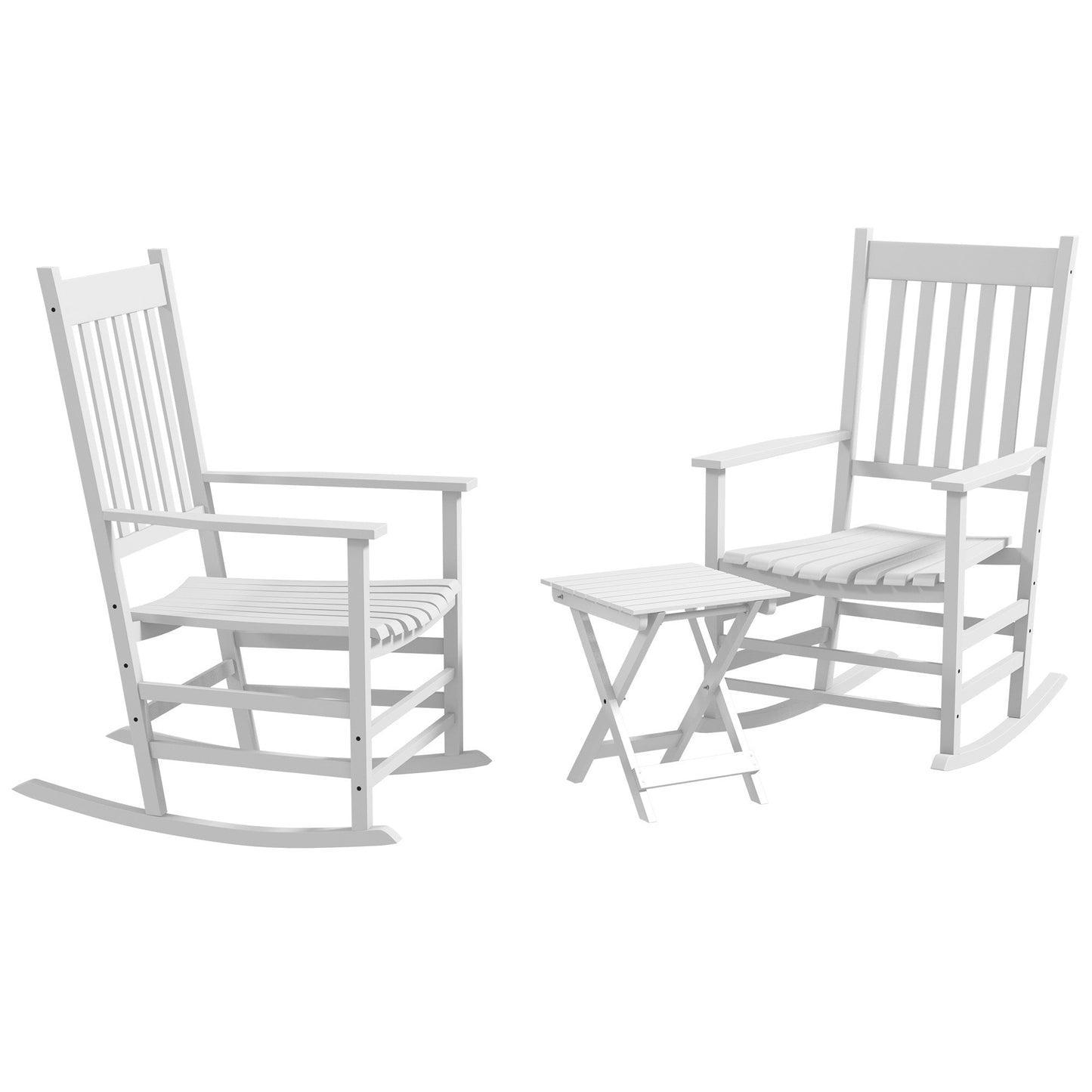 3 Pieces Outdoor Rocking Chair Set, Wooden Patio Rocking Chair Set with Folding Side Table, High Back and Armrests for Garden, Porch, Supports Up to 353 lbs, White