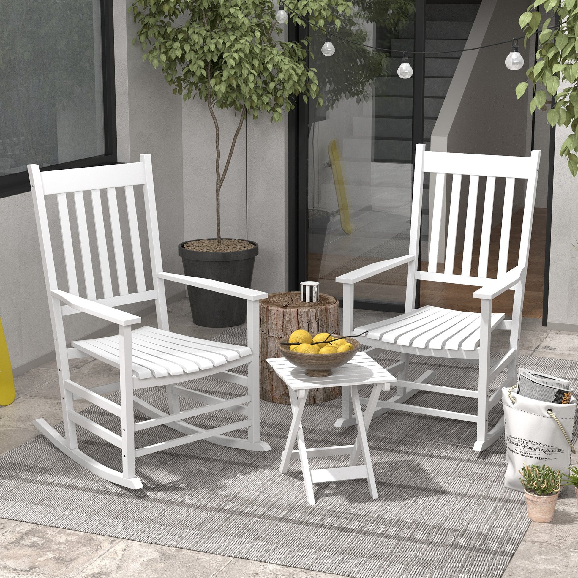 3 Pieces Outdoor Rocking Chair Set, Wooden Patio Rocking Chair Set with Folding Side Table, High Back and Armrests for Garden, Porch, Supports Up to 353 lbs, White
