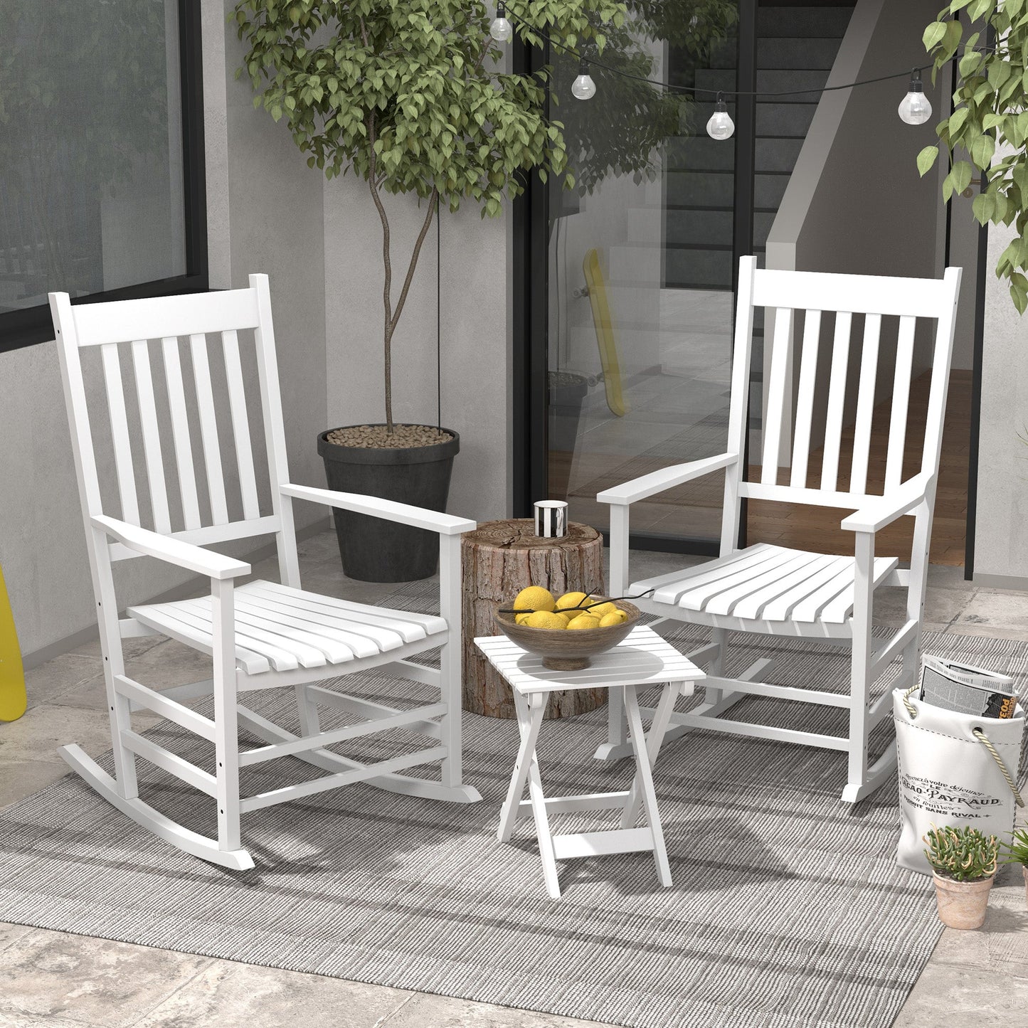 3 Pieces Outdoor Rocking Chair Set, Wooden Patio Rocking Chair Set with Folding Side Table, High Back and Armrests for Garden, Porch, Supports Up to 353 lbs, White