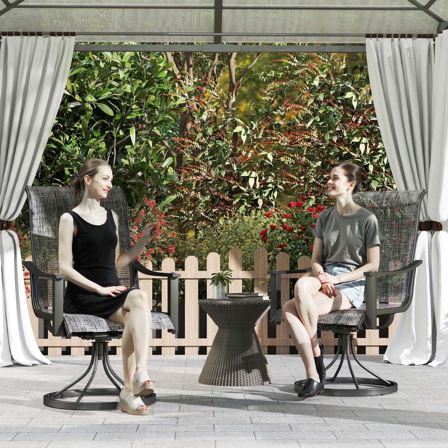 Outdoor Swivel Chair Set of 2, Rocking Swivel Patio Chairs with Breathable Mesh Seat and High Back, Outdoor Dining Chairs with Curved Armrests and Steel Frame, Mixed Grey