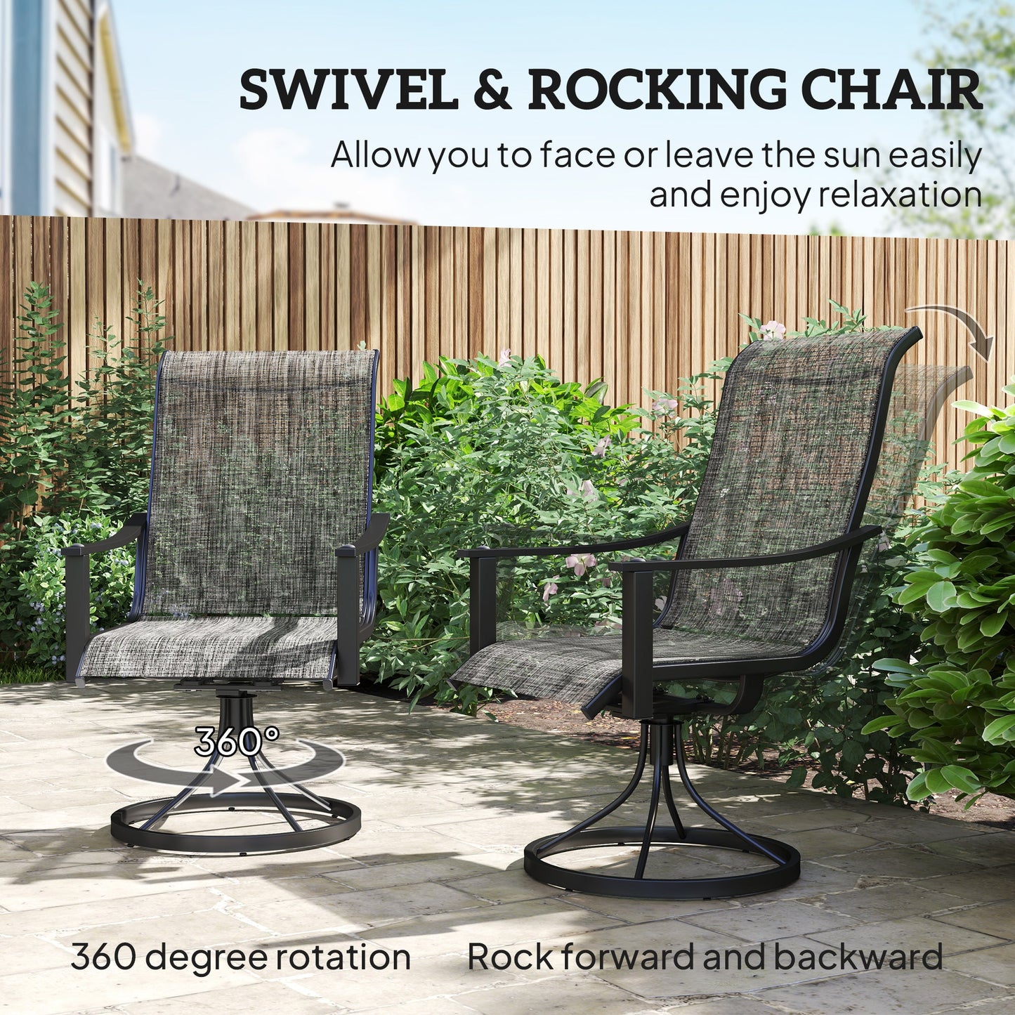 Outdoor Swivel Chair Set of 2, Rocking Swivel Patio Chairs with Breathable Mesh Seat and High Back, Outdoor Dining Chairs with Curved Armrests and Steel Frame, Mixed Grey