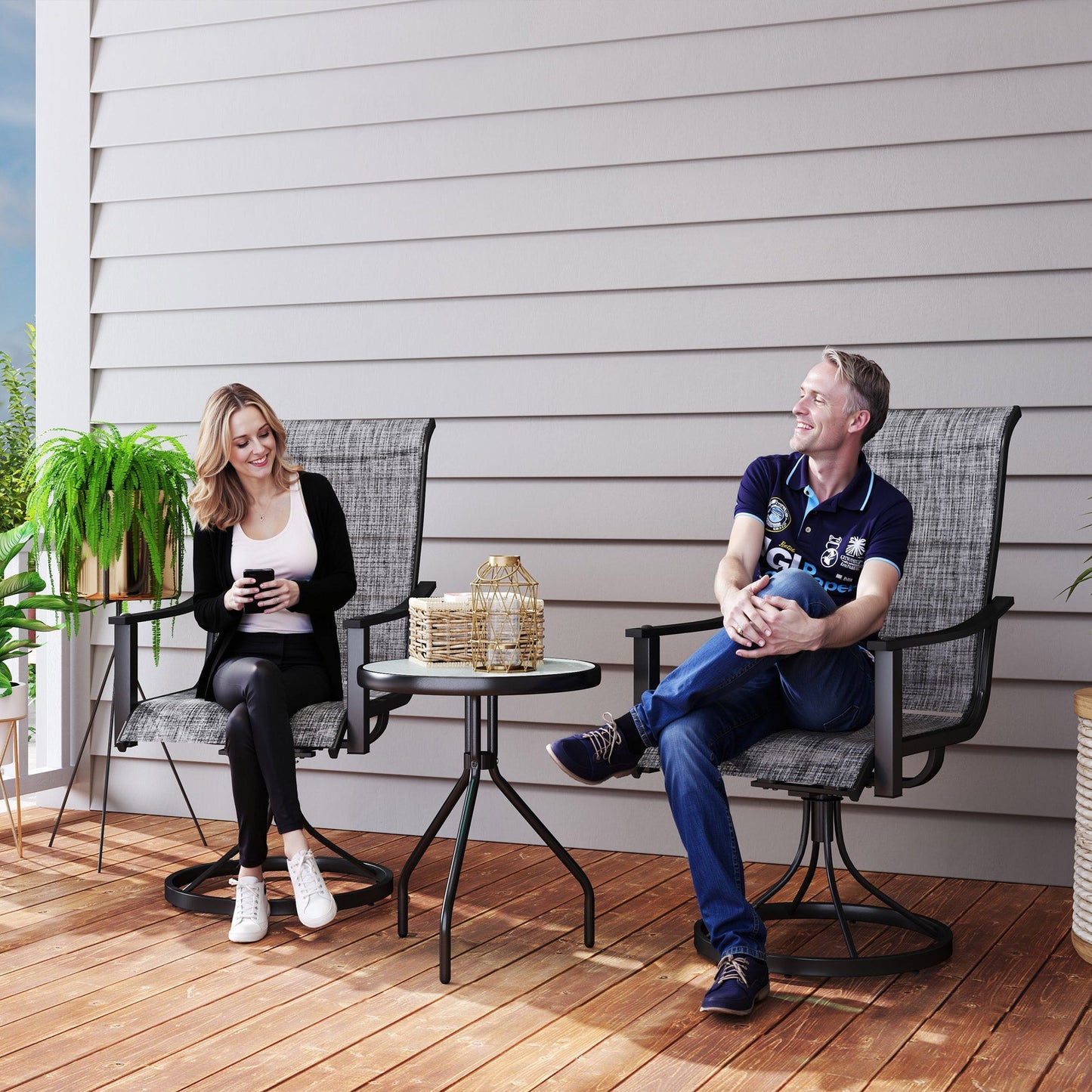 Outdoor Swivel Chair Set of 2, Rocking Swivel Patio Chairs with Breathable Mesh Seat and High Back, Outdoor Dining Chairs with Curved Armrests and Steel Frame, Mixed Grey