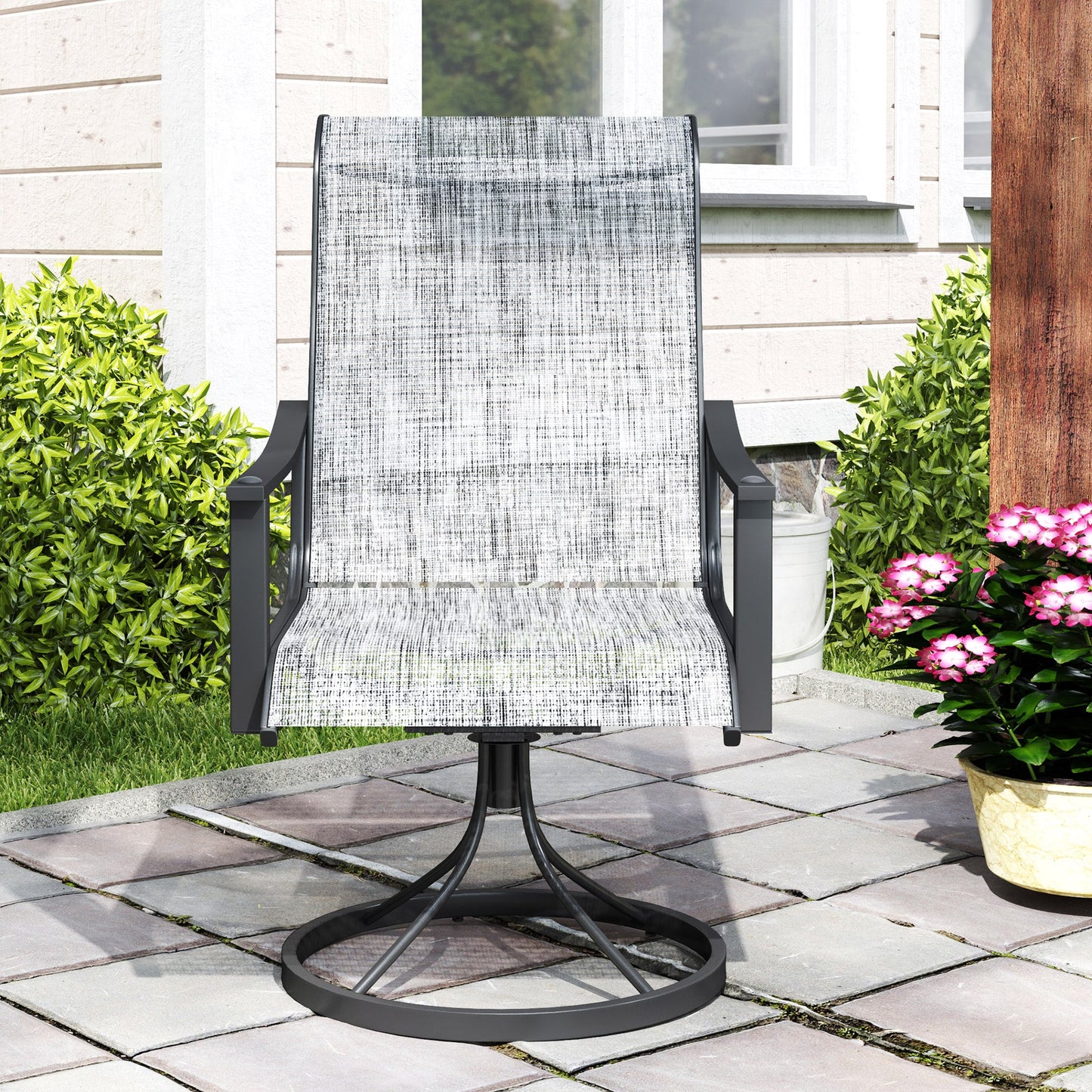 Outdoor Swivel Chair Set of 2, Rocking Swivel Patio Chairs with Breathable Mesh Seat and High Back, Outdoor Dining Chairs with Curved Armrests and Steel Frame, Mixed Grey