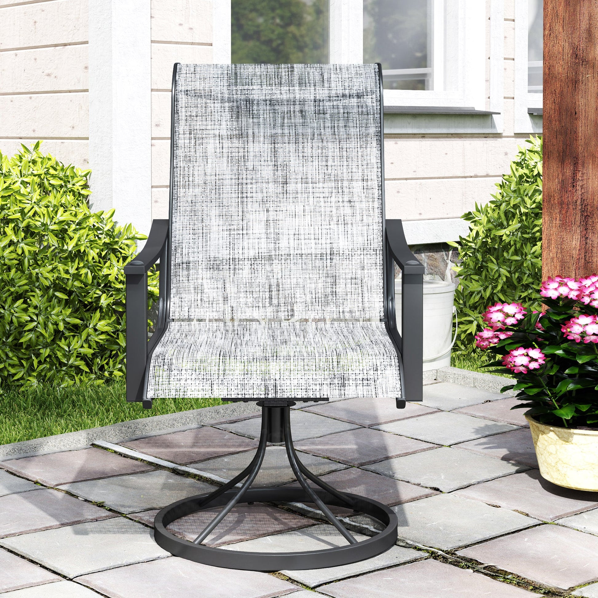 Outdoor Swivel Chair Set of 2, Rocking Swivel Patio Chairs with Breathable Mesh Seat and High Back, Outdoor Dining Chairs with Curved Armrests and Steel Frame, Mixed Grey