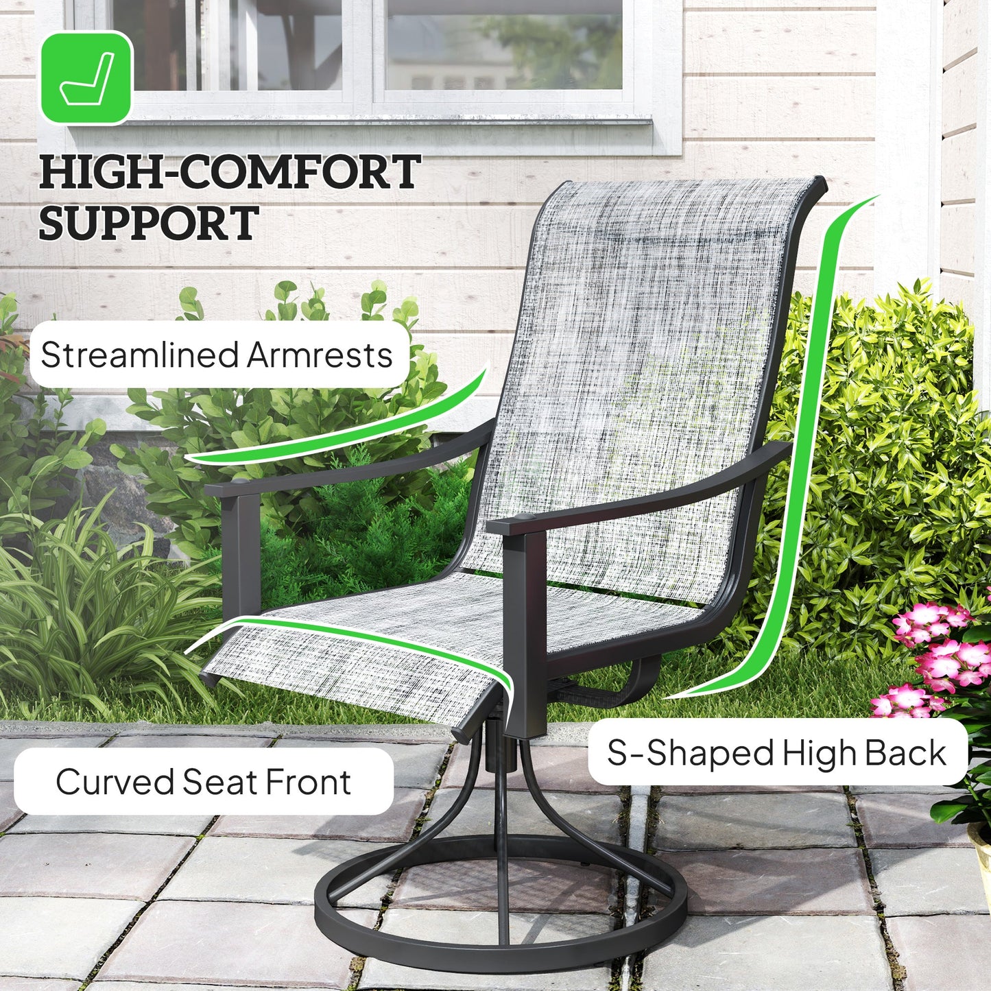 Outdoor Swivel Chair Set of 2, Rocking Swivel Patio Chairs with Breathable Mesh Seat and High Back, Outdoor Dining Chairs with Curved Armrests and Steel Frame, Mixed Grey