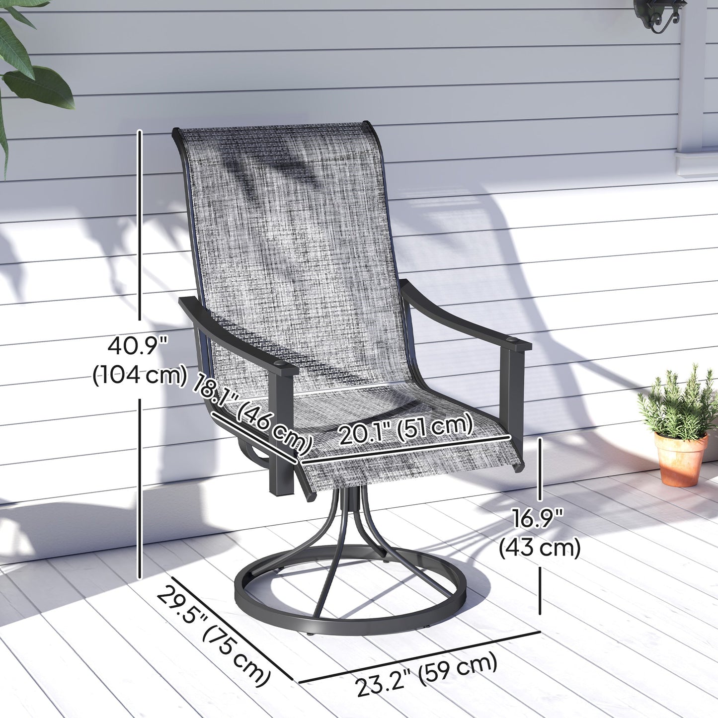Outdoor Swivel Chair Set of 2, Rocking Swivel Patio Chairs with Breathable Mesh Seat and High Back, Outdoor Dining Chairs with Curved Armrests and Steel Frame, Mixed Grey