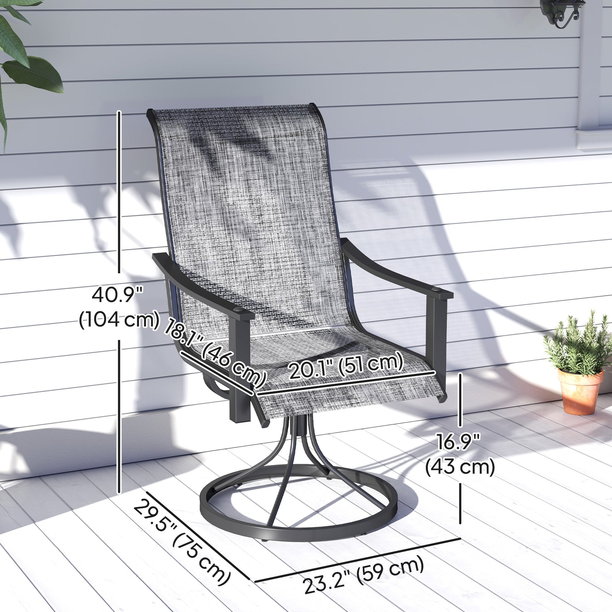 Outdoor Swivel Chair Set of 2, Rocking Swivel Patio Chairs with Breathable Mesh Seat and High Back, Outdoor Dining Chairs with Curved Armrests and Steel Frame, Mixed Grey