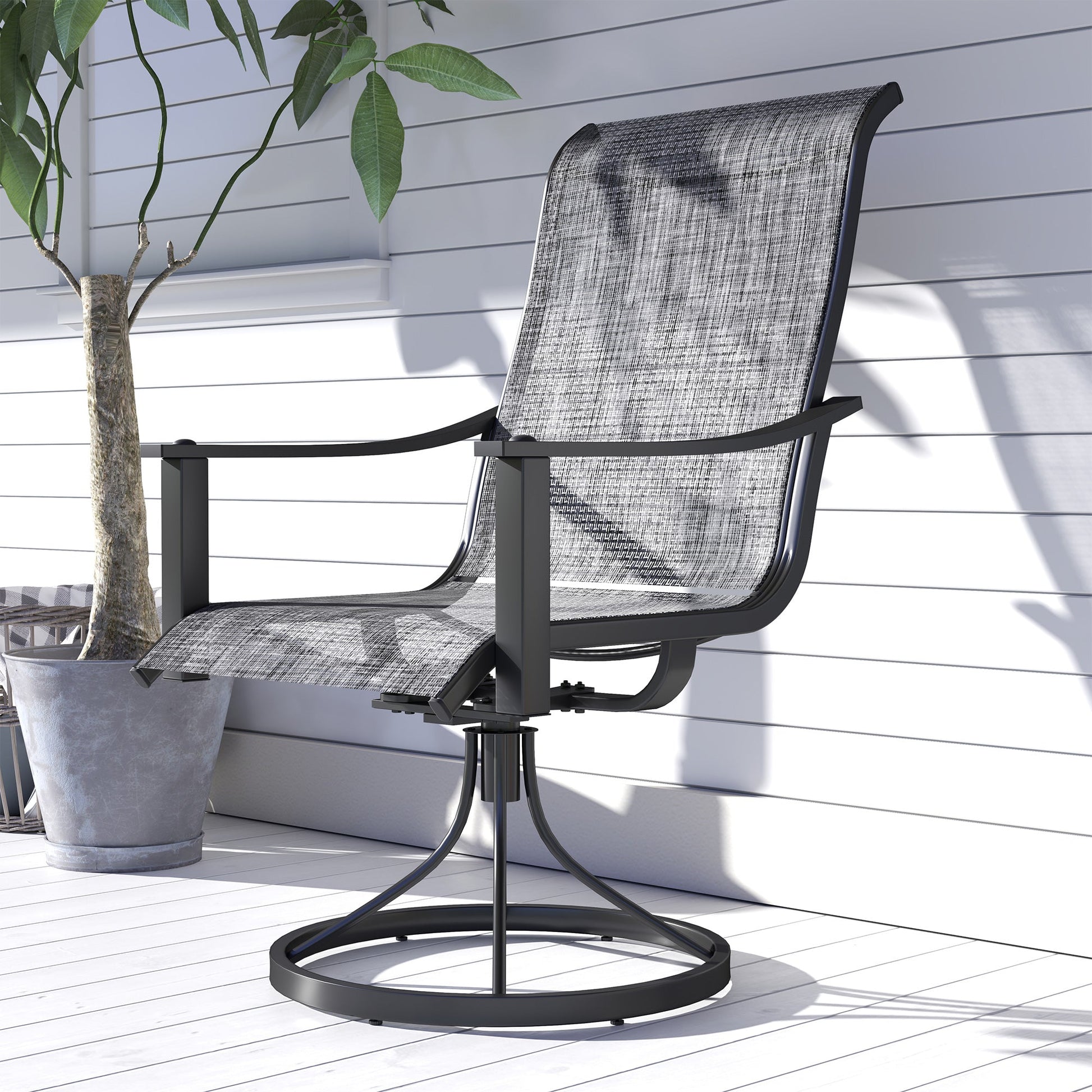 Outdoor Swivel Chair Set of 2, Rocking Swivel Patio Chairs with Breathable Mesh Seat and High Back, Outdoor Dining Chairs with Curved Armrests and Steel Frame, Mixed Grey