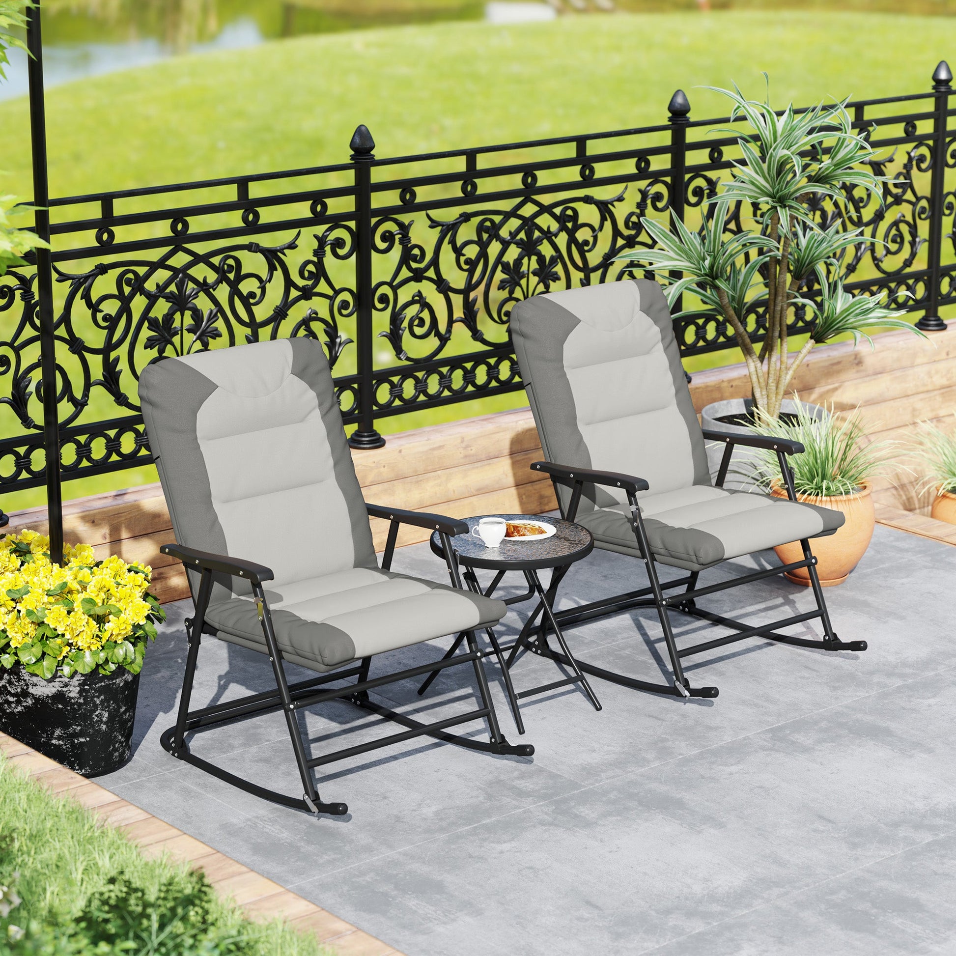 3pc Patio Foldable Rocking Chair Set, Outdoor Rocking Chairs and Table Bistro Set w/ Padded Seat, Headrest, Backrest for Park, Backyard, Garden, Light Grey