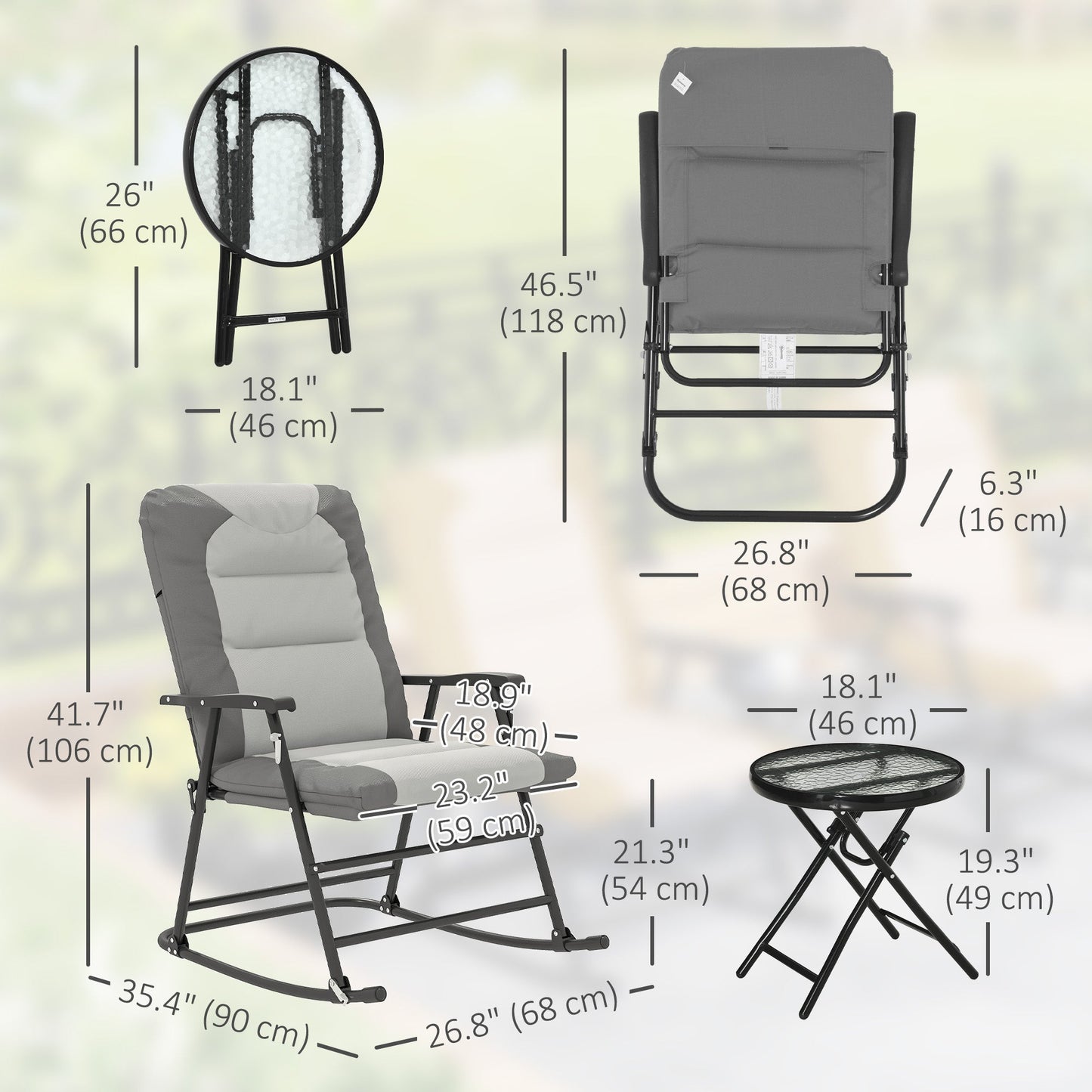 3pc Patio Foldable Rocking Chair Set, Outdoor Rocking Chairs and Table Bistro Set w/ Padded Seat, Headrest, Backrest for Park, Backyard, Garden, Light Grey