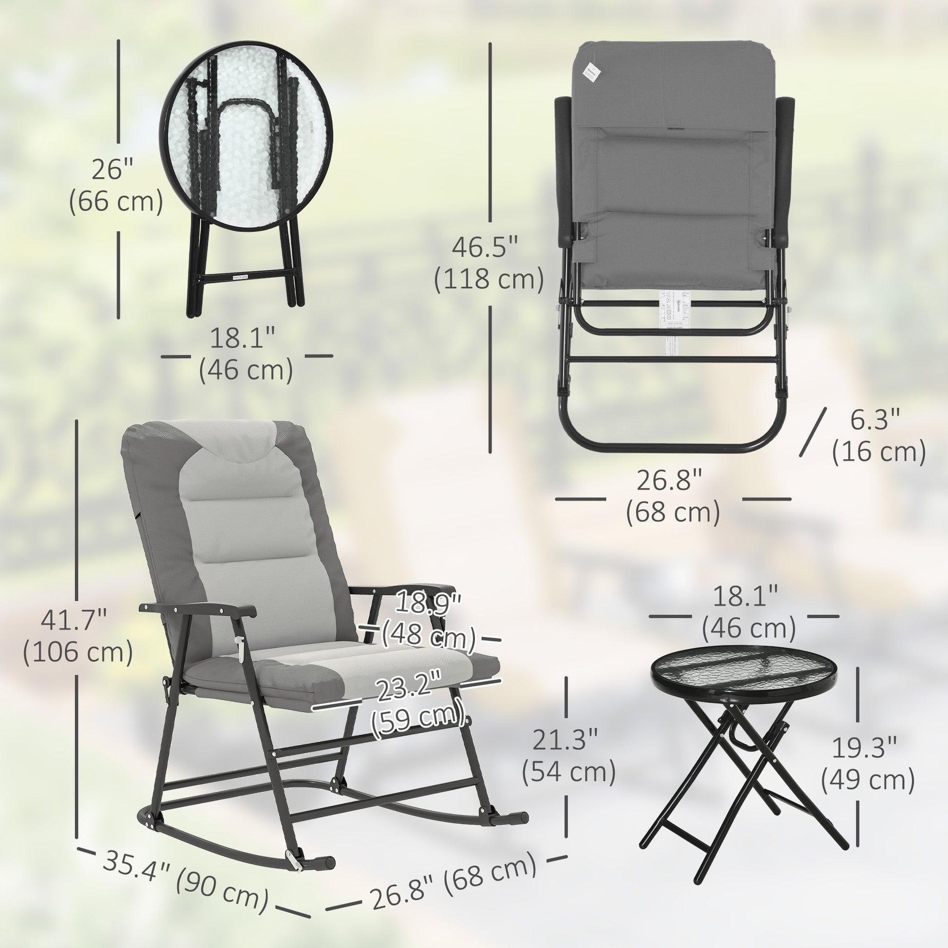 3pc Patio Foldable Rocking Chair Set, Outdoor Rocking Chairs and Table Bistro Set w/ Padded Seat, Headrest, Backrest for Park, Backyard, Garden, Light Grey