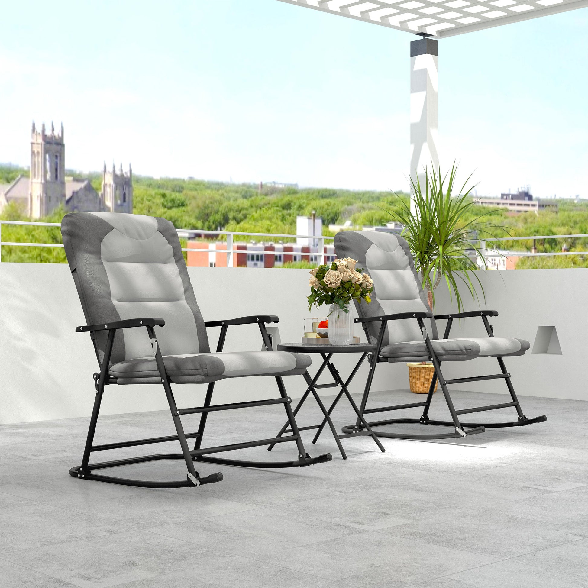 3pc Patio Foldable Rocking Chair Set, Outdoor Rocking Chairs and Table Bistro Set w/ Padded Seat, Headrest, Backrest for Park, Backyard, Garden, Light Grey