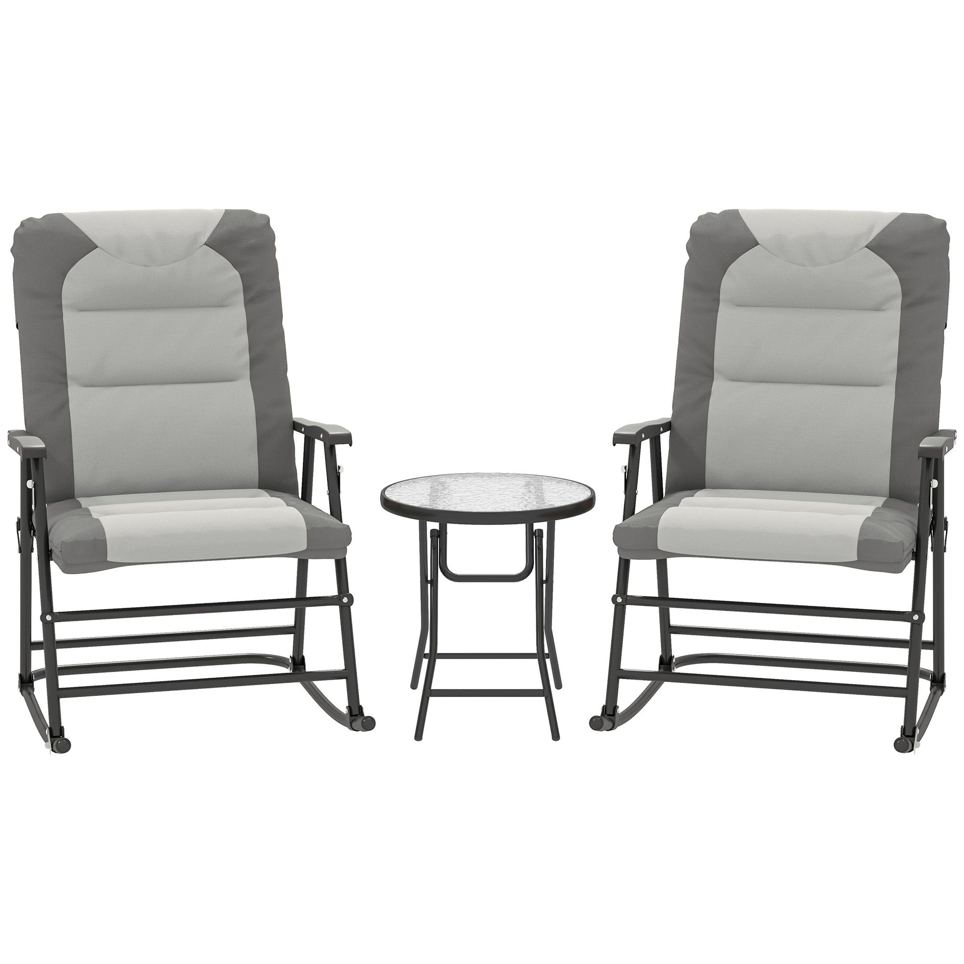 3pc Patio Foldable Rocking Chair Set, Outdoor Rocking Chairs and Table Bistro Set w/ Padded Seat, Headrest, Backrest for Park, Backyard, Garden, Light Grey