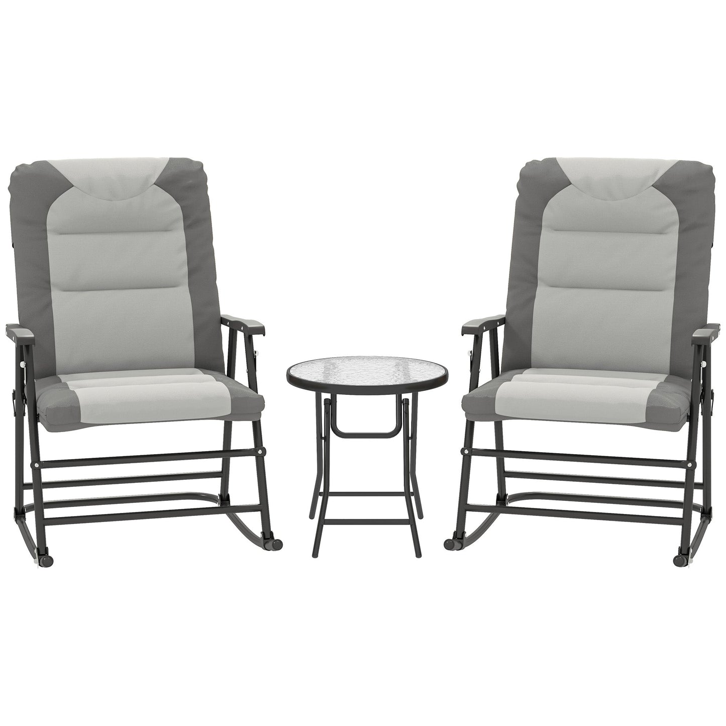3pc Patio Foldable Rocking Chair Set, Outdoor Rocking Chairs and Table Bistro Set w/ Padded Seat, Headrest, Backrest for Park, Backyard, Garden, Light Grey