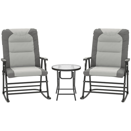 3pc Patio Foldable Rocking Chair Set, Outdoor Rocking Chairs and Table Bistro Set w/ Padded Seat, Headrest, Backrest for Park, Backyard, Garden, Light Grey