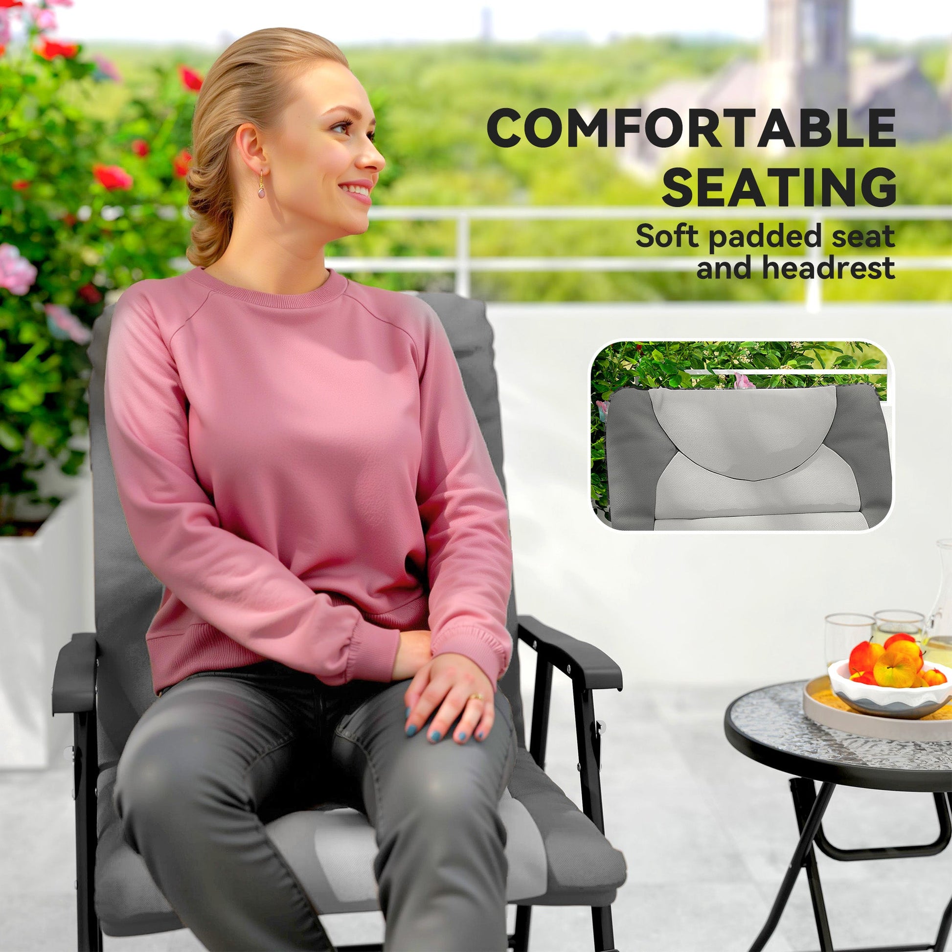 3pc Patio Foldable Rocking Chair Set, Outdoor Rocking Chairs and Table Bistro Set w/ Padded Seat, Headrest, Backrest for Park, Backyard, Garden, Light Grey