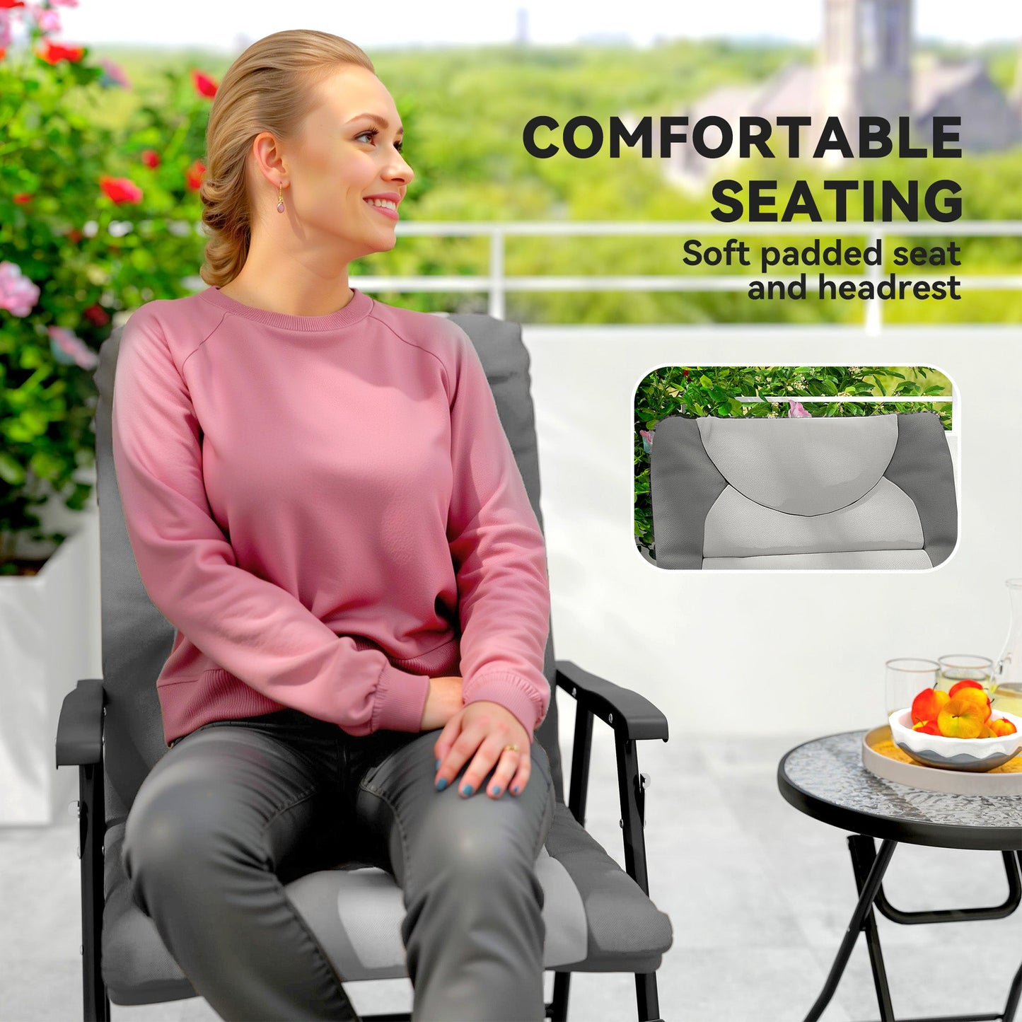 3pc Patio Foldable Rocking Chair Set, Outdoor Rocking Chairs and Table Bistro Set w/ Padded Seat, Headrest, Backrest for Park, Backyard, Garden, Light Grey