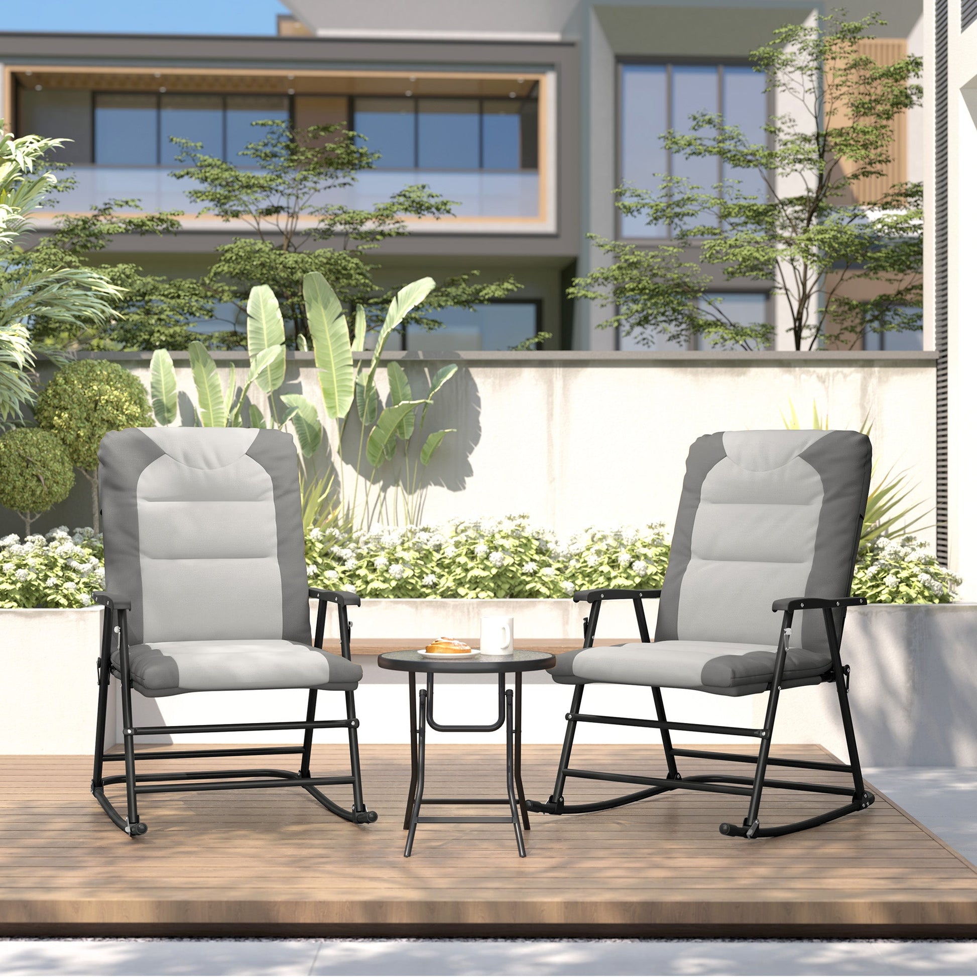 3pc Patio Foldable Rocking Chair Set, Outdoor Rocking Chairs and Table Bistro Set w/ Padded Seat, Headrest, Backrest for Park, Backyard, Garden, Light Grey