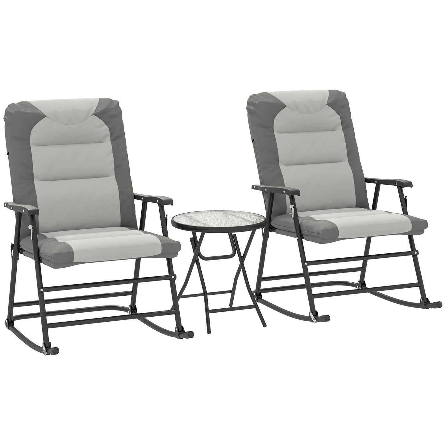 3pc Patio Foldable Rocking Chair Set, Outdoor Rocking Chairs and Table Bistro Set w/ Padded Seat, Headrest, Backrest for Park, Backyard, Garden, Light Grey