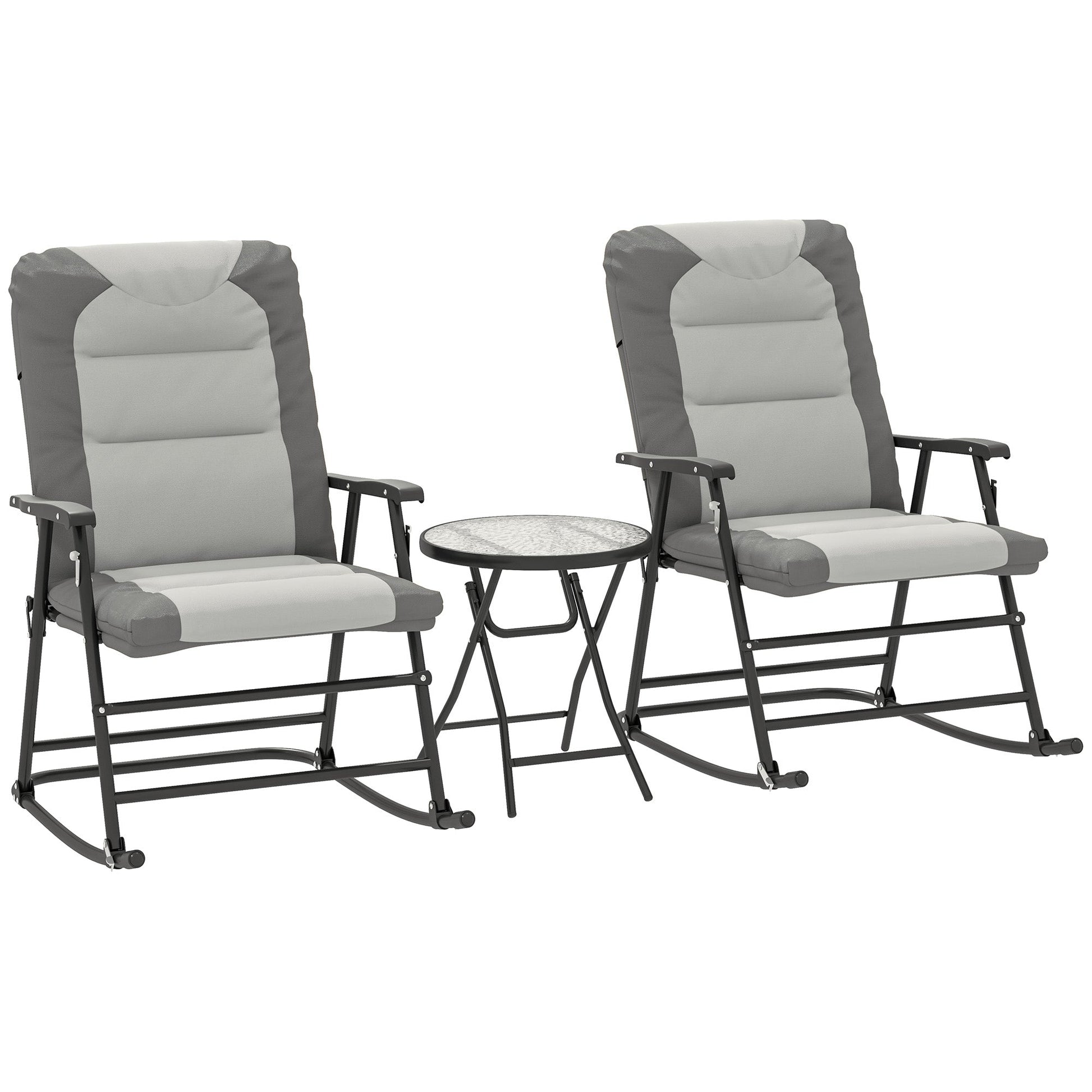 3pc Patio Foldable Rocking Chair Set, Outdoor Rocking Chairs and Table Bistro Set w/ Padded Seat, Headrest, Backrest for Park, Backyard, Garden, Light Grey