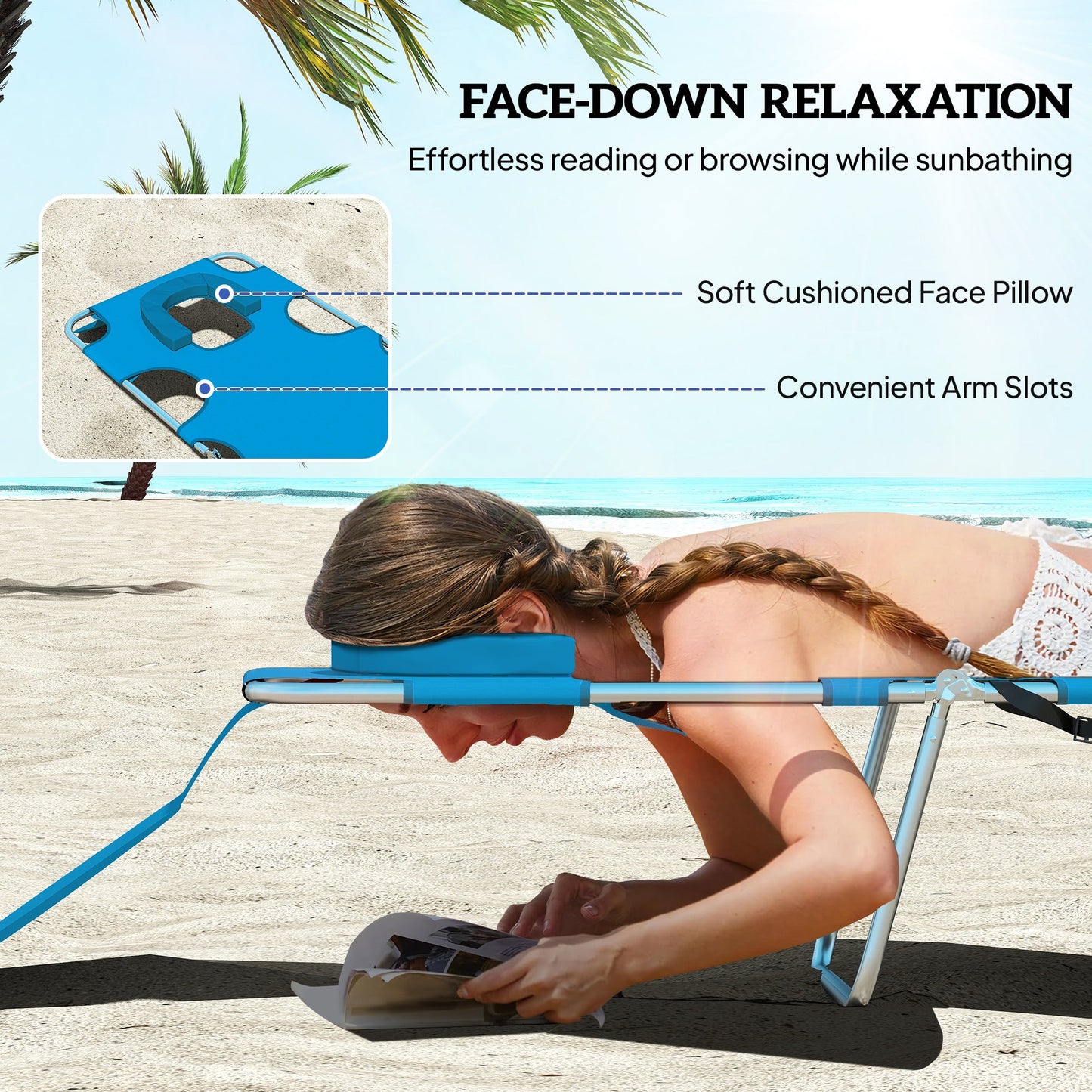 Folding Lounge Chair Outdoor Tanning Chair with Face Hole, 5-Position Reclining Sun Lounger Chaise Lounge Cot with Side Pocket, Carry Strap for Beach Pool, Yard, Blue