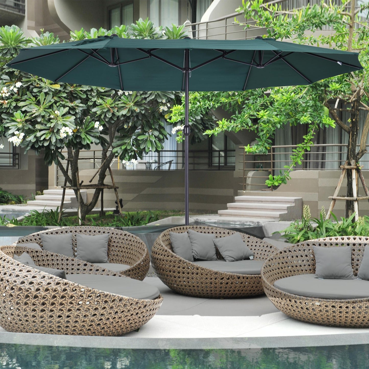 15ft Double-sided Patio Umbrella with Twin Canopy, Extra Large Outdoor Parasol with Crank for Pool, Deck, Market, Dark Green