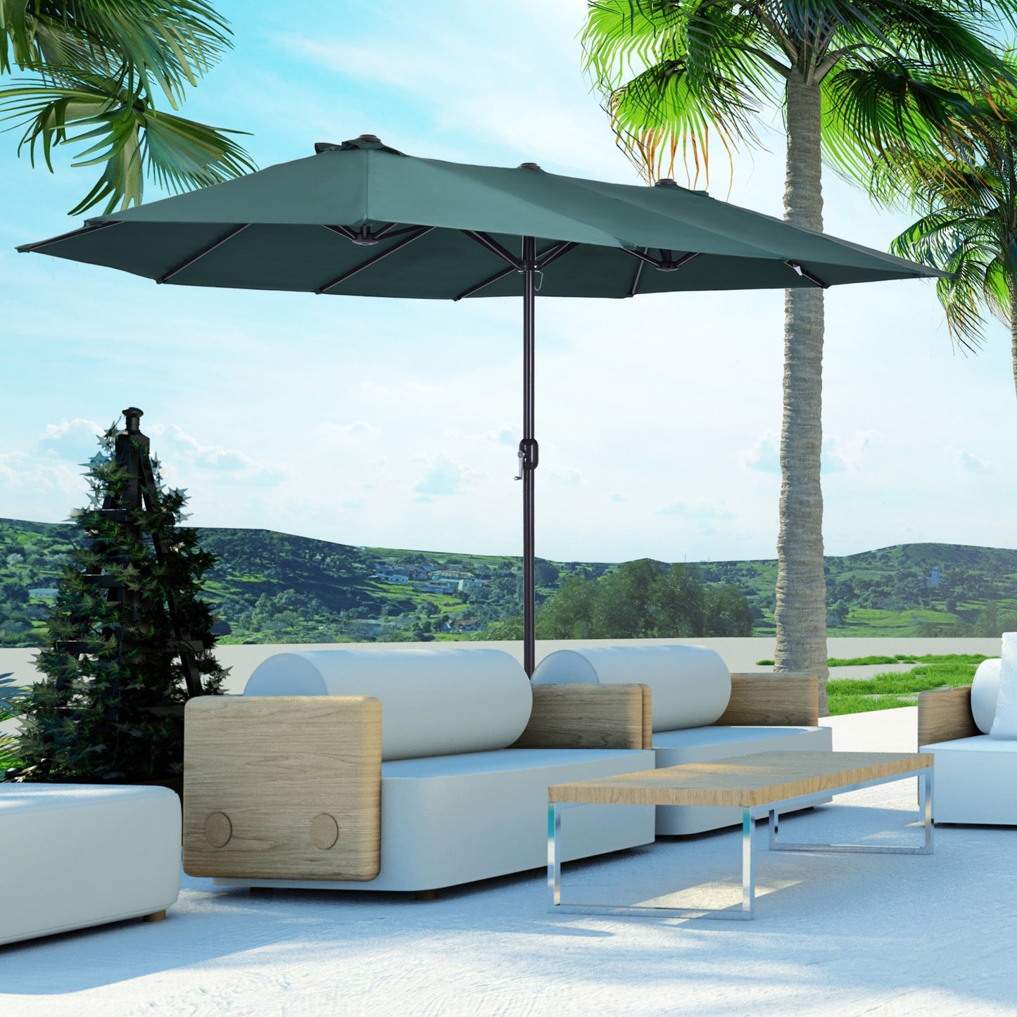 15ft Double-sided Patio Umbrella with Twin Canopy, Extra Large Outdoor Parasol with Crank for Pool, Deck, Market, Dark Green