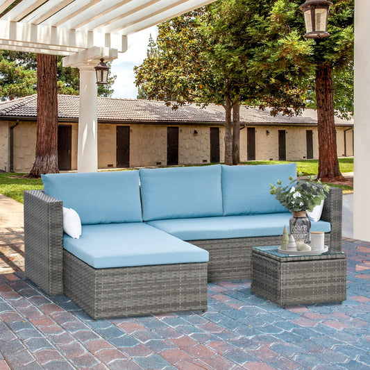 3-Piece Patio Furniture Set Modern Sectional Sofa Rattan Chair Wicker Conversation Set Outdoor Hand Woven Rattan Wicker Furniture Patio Coffee Table Sofa Set, Blue