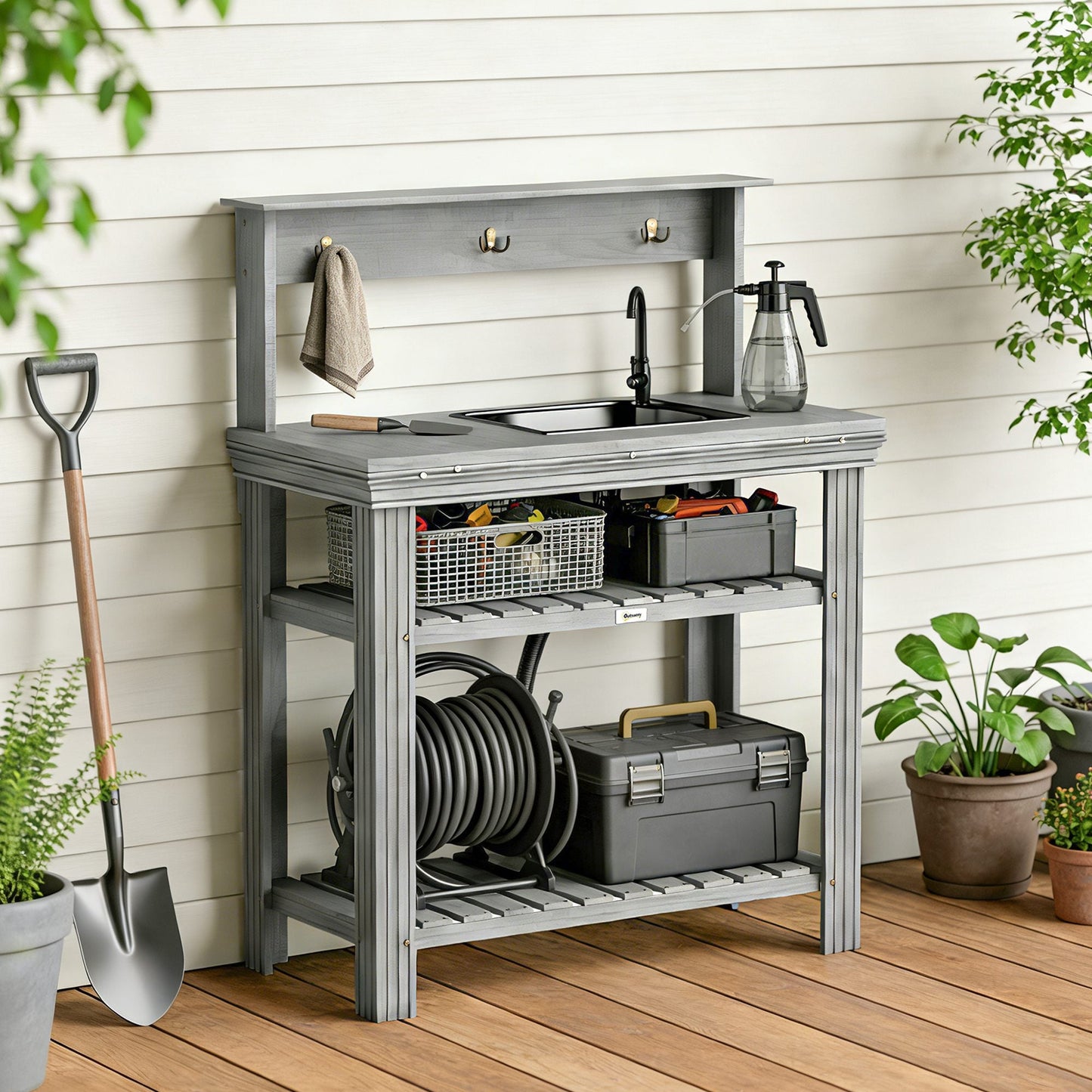 Outdoor Potting Bench Table with Faucet, Removable Sink, Hooks and Storage Shelves, Wood Work Bench Workstation for Greenhouse, Garden, Patio, Grey