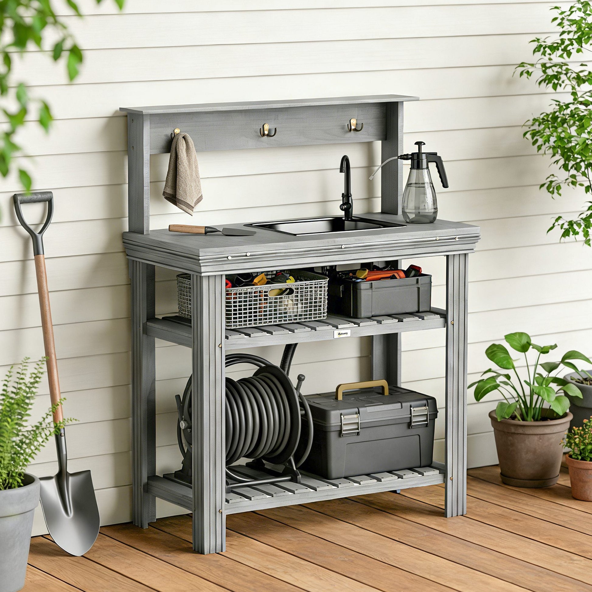 Outdoor Potting Bench Table with Faucet, Removable Sink, Hooks and Storage Shelves, Wood Work Bench Workstation for Greenhouse, Garden, Patio, Grey