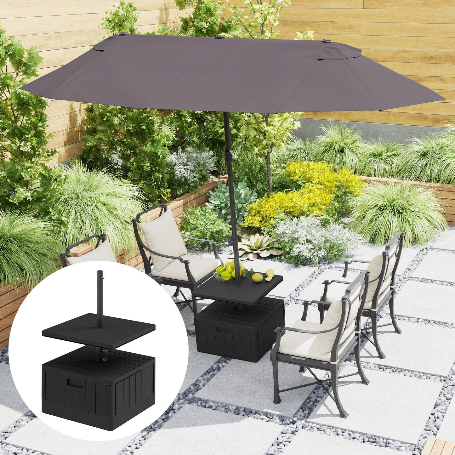 Patio Umbrella Weighted Base with Table Tray, Heavy Duty Umbrella Base with Wheels Handles, 176lbs with Stand Filling, Patio Umbrella Stand Base for Garden Poolside, Black